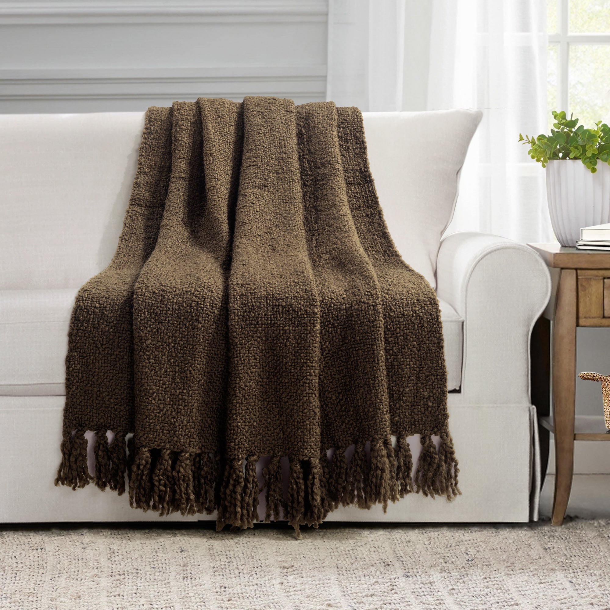 Tulum Boucle Textured Woven Fringed Throw Blanket - Soft Cozy Knit Blanket for Couch, Bed & Sofa - Perfect for Living Room, Bedroom & Home Decor