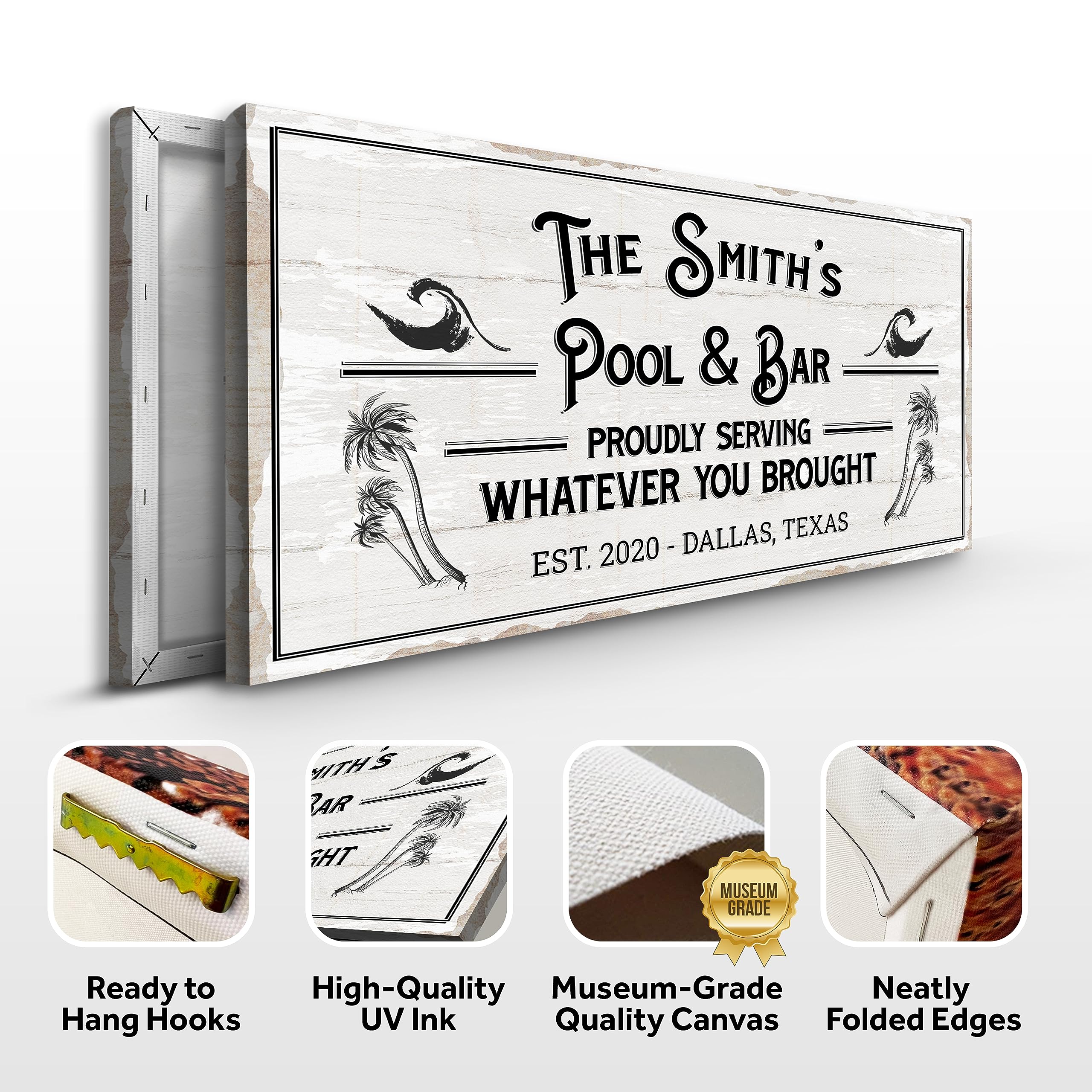 Custom Canvas Bar Sign - Personalized 'Proudly Serving Whatever You Brought' Wall Art - 48x24 Inch Rustic White Printable Decor for Man Cave, Backyard, Kitchen, Pub & Diner - Perfect for Home Bars, Game Rooms & Outdoor Entertaining