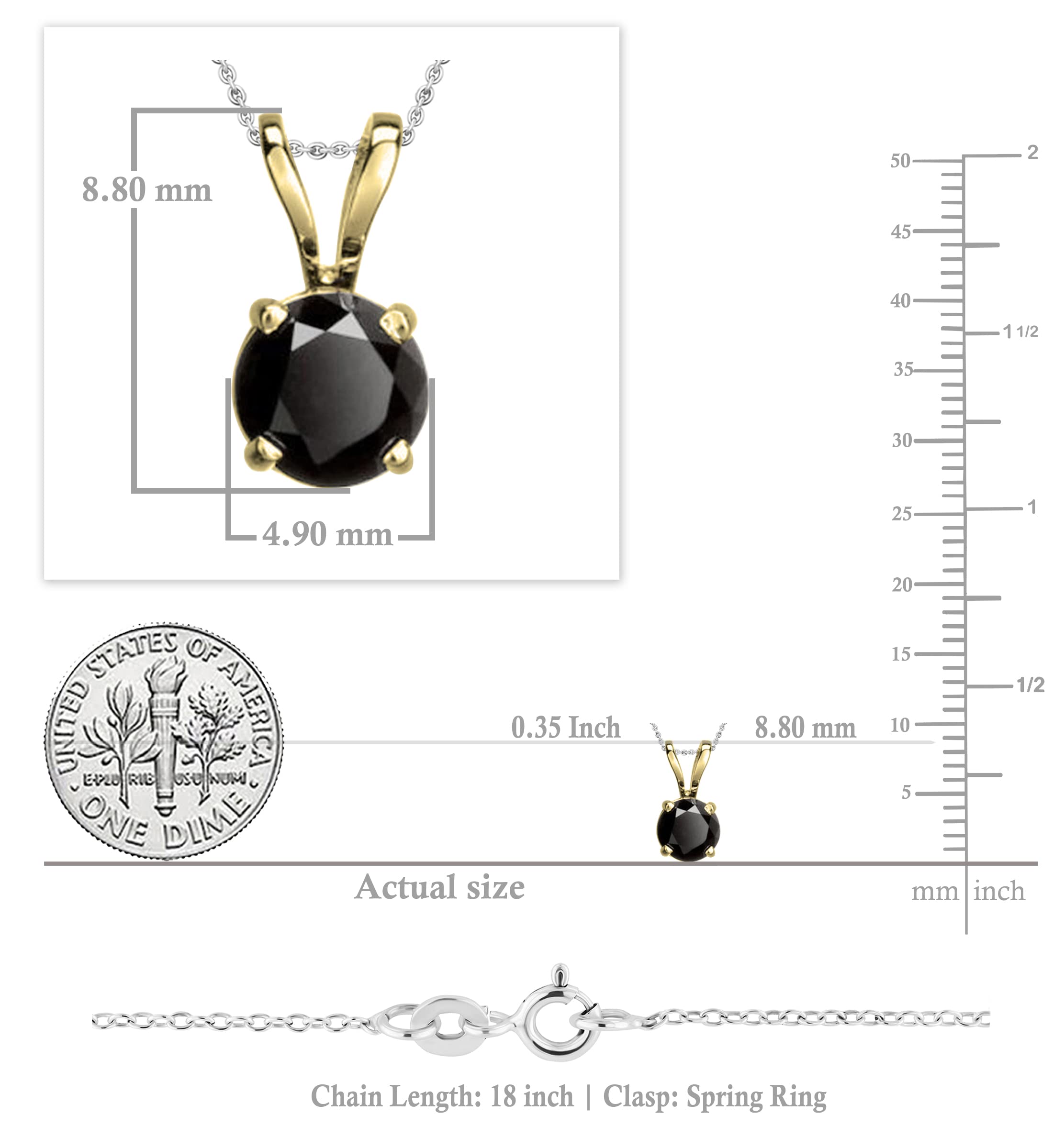 Dazzlingrock 14K Solid Gold Round Black Diamond Solitaire Pendant Necklace for Women - 18 Inch Chain, Opaque Clarity, Various Carat Sizes | Elegant Gift for Anniversary, Valentine's Day & Special Occasions