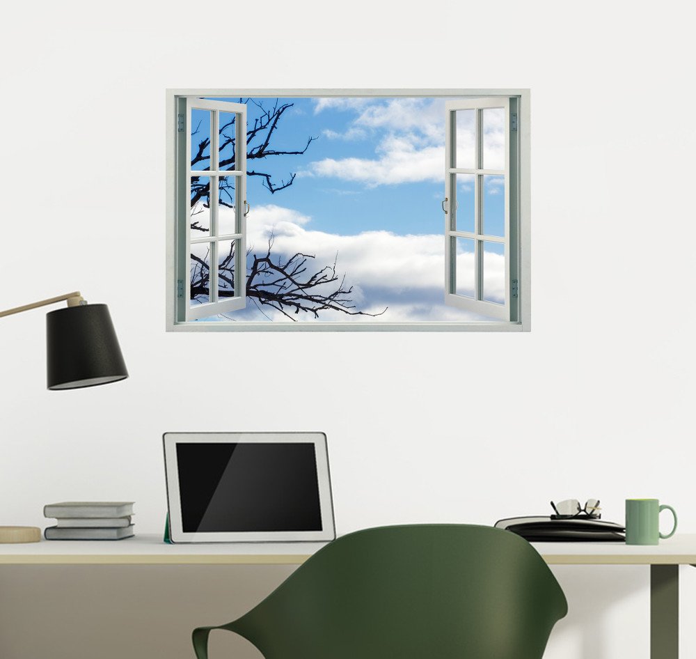 Peel and Stick Faux Window Wall Decal - Tree Branch with Clouds Design (24x16 Inches) - Perfect for Bedroom, Living Room & Office Decor