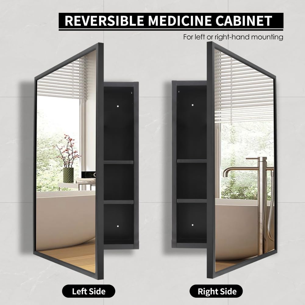 16x24 Inch Black Metal Framed Recessed Medicine Cabinet with Mirror - Wall Mounted Bathroom Storage for Toiletries & Essentials | Perfect for Small Bathrooms, Vanities & Modern Home Decor