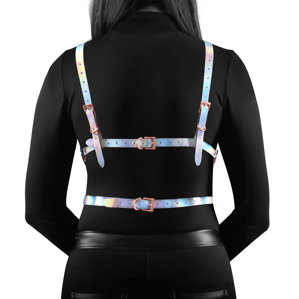 Cosmo Risque Holographic Rainbow Pentagram Chest Harness - Gothic Rave Festival Accessory for Women, BDSM Fetish Wear, LGBTQ+ Pride Outfit, Rave Party Costume