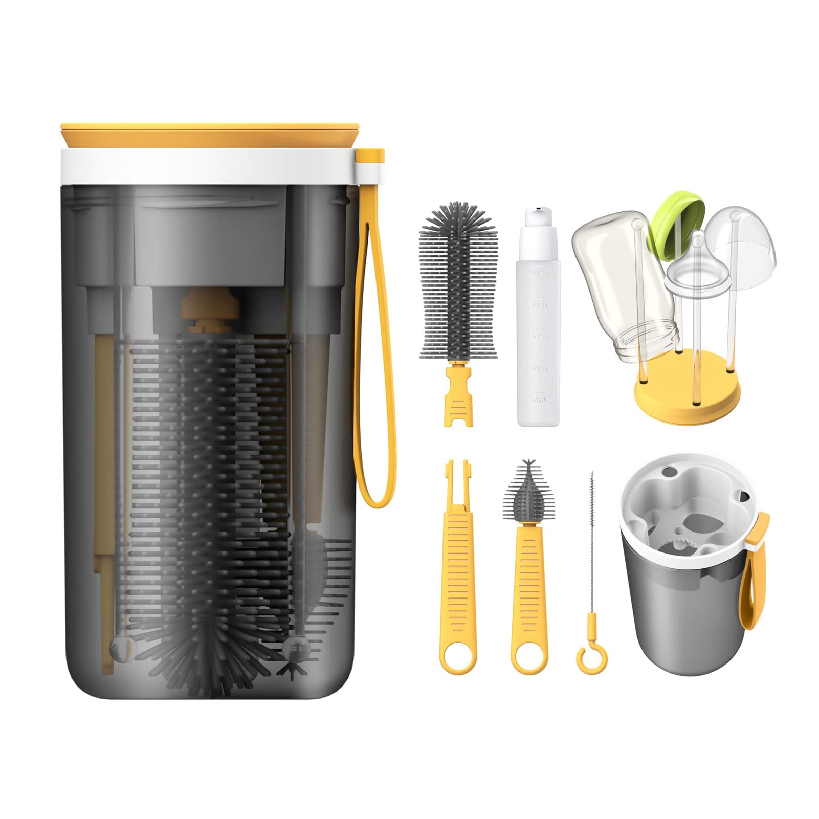 **Bottle Brush Cleaning Kit - Extendable Silicone Bottle & Straw Brush with Drying Rack, Soap Dispenser & Storage Cup - Perfect for Travel, Baby Feeding Bottles & Water Bottles**
