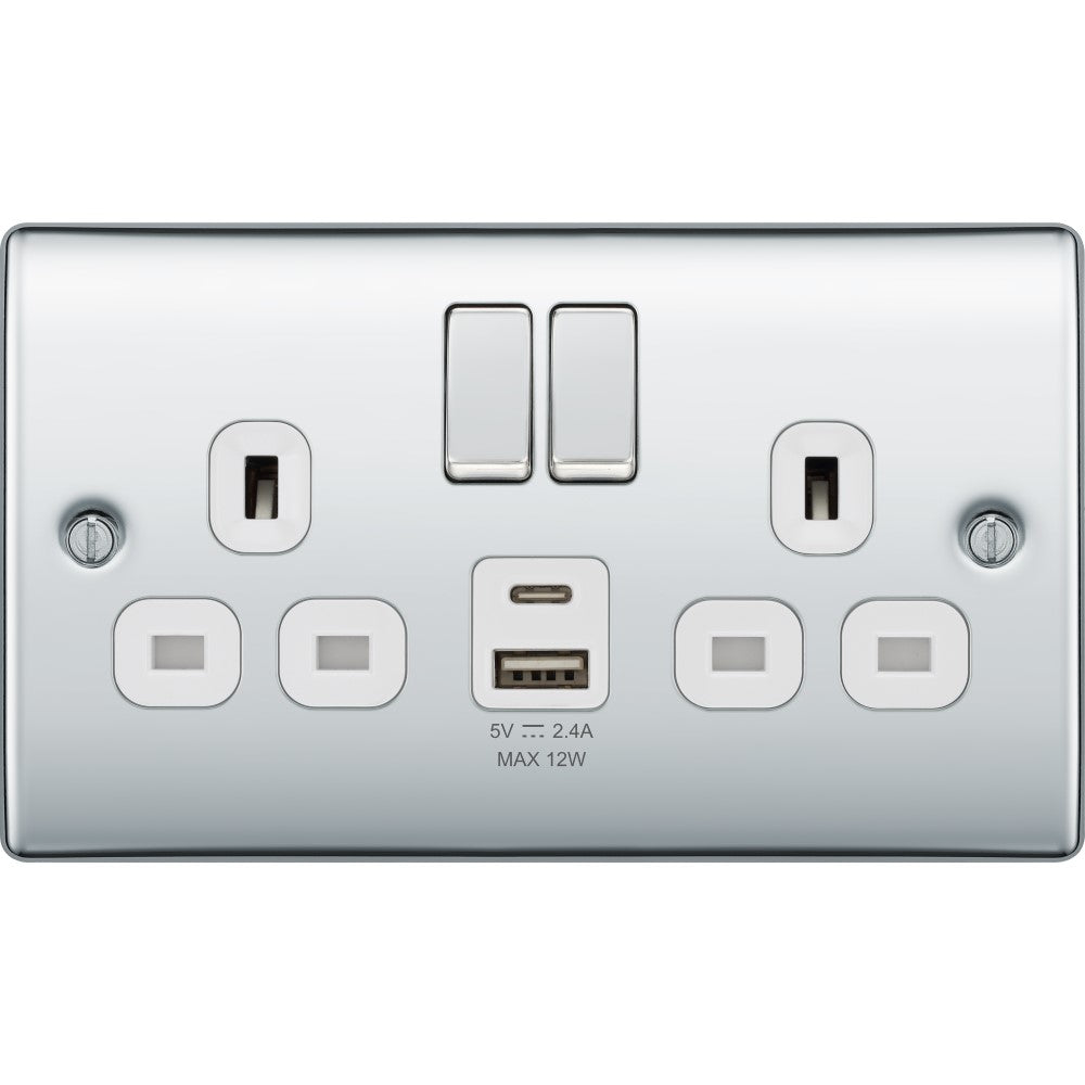 BG Nexus 13A Double USB Socket - Polished Chrome, 12W A+C Ports (NPC22UAC12W) - Perfect for Home, Office & Hotel Charging Stations