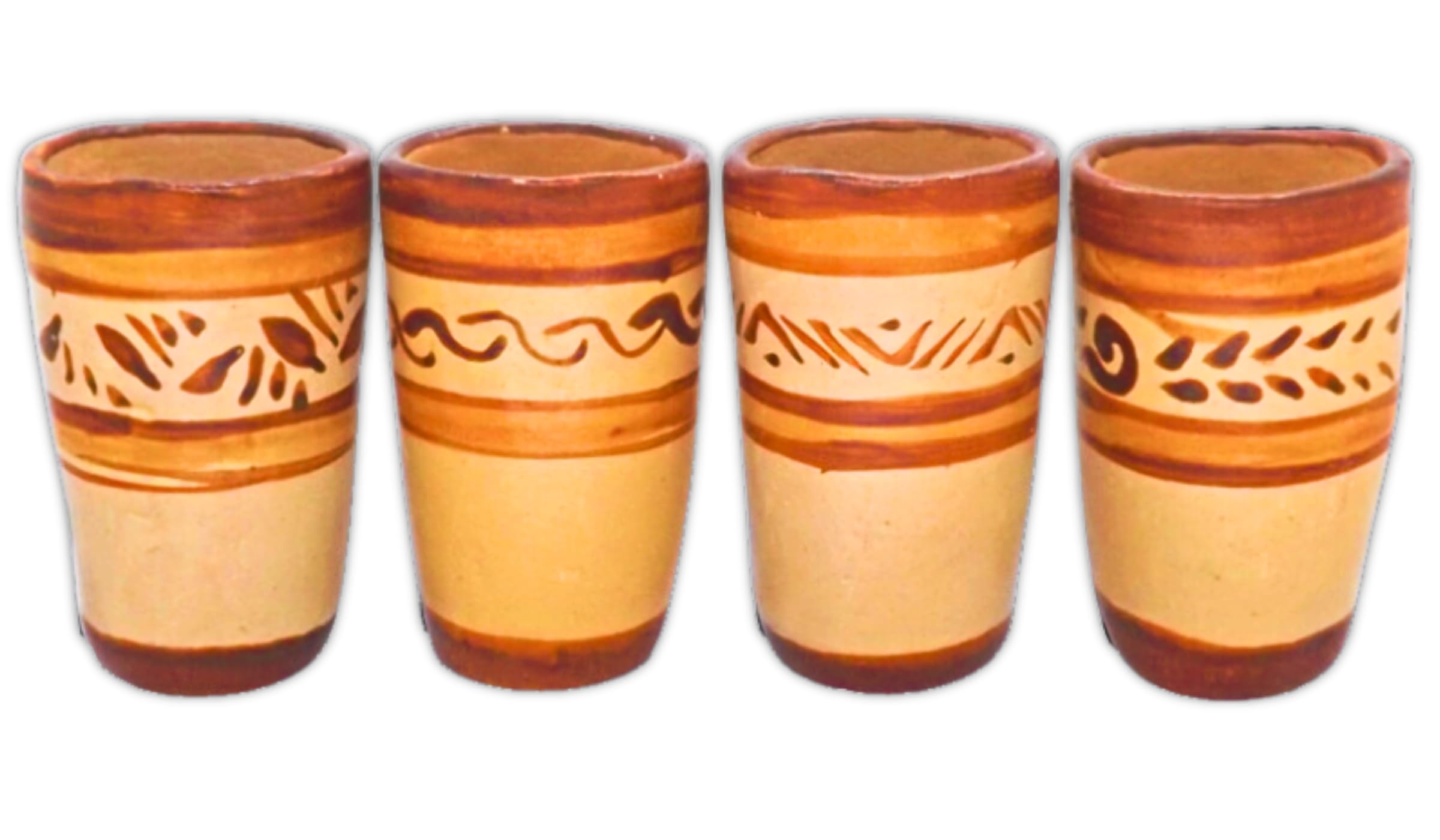 Authentic Mexican Tequila Shot Glasses Set of 4 - 2oz Terracotta Clay Barro Canelo Cups with Handcrafted Flourishes - Perfect for Margaritas, Mezcal Tasting & Cinco de Mayo Parties