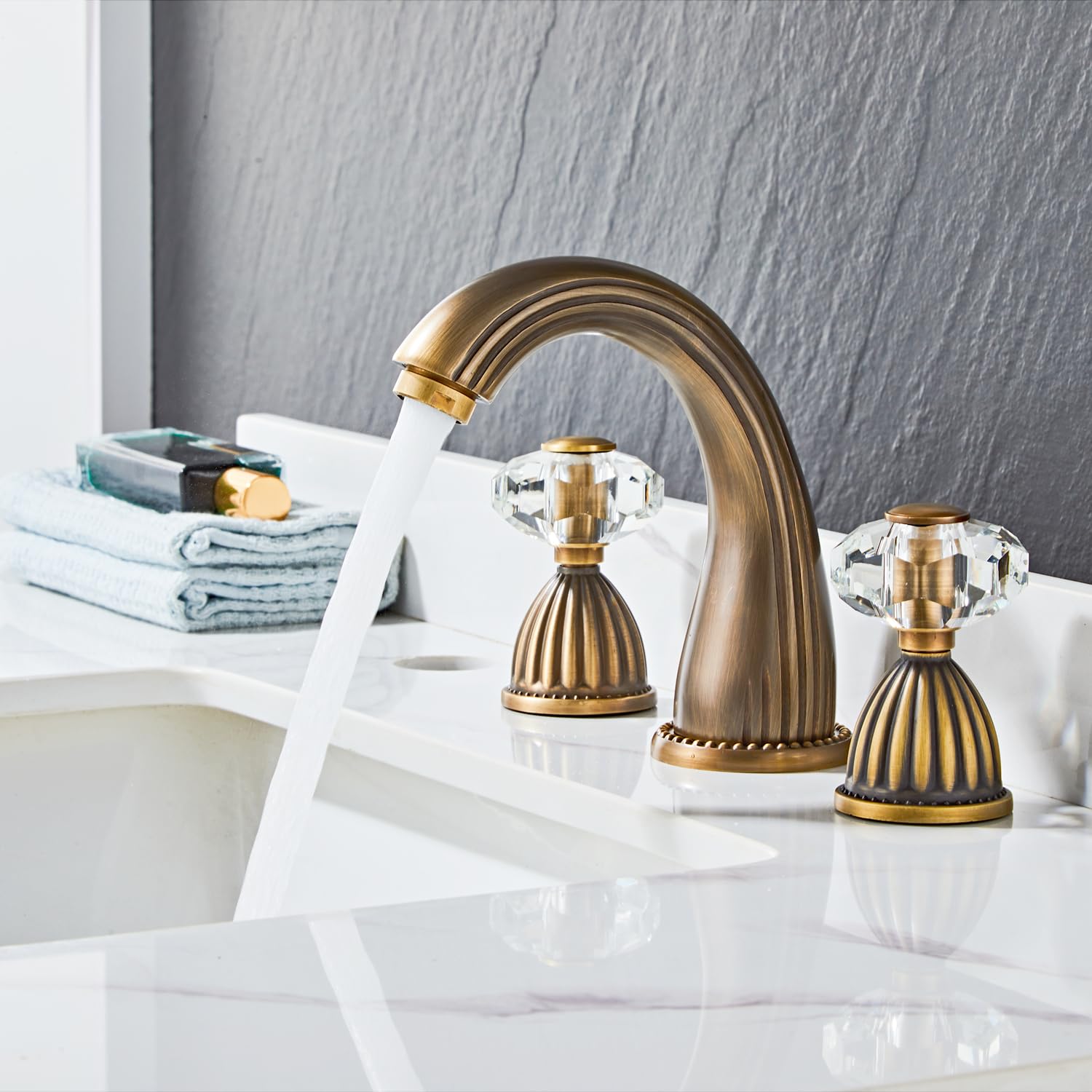 3 Hole Widespread Deck Mount Bathroom Sink Faucet with Crystal Handle - Antique Bronze Brass Mixer Tap for Vanity & Powder Room | Perfect for Modern & Traditional Bathroom Designs