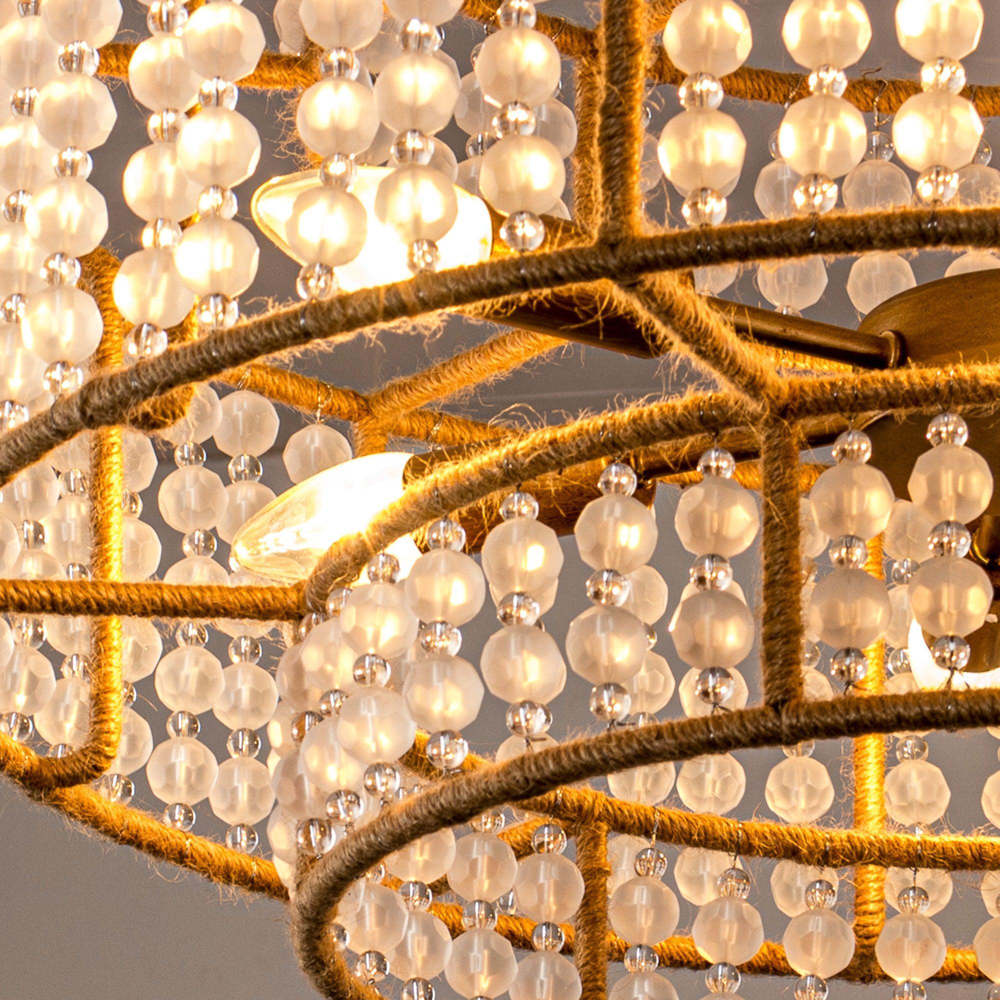 6-Light Antique Gold Farmhouse Drum Beaded Chandelier with Rope Accents - Rustic Ceiling Lighting Fixture for Dining Room, Bedroom, or Kitchen Decor