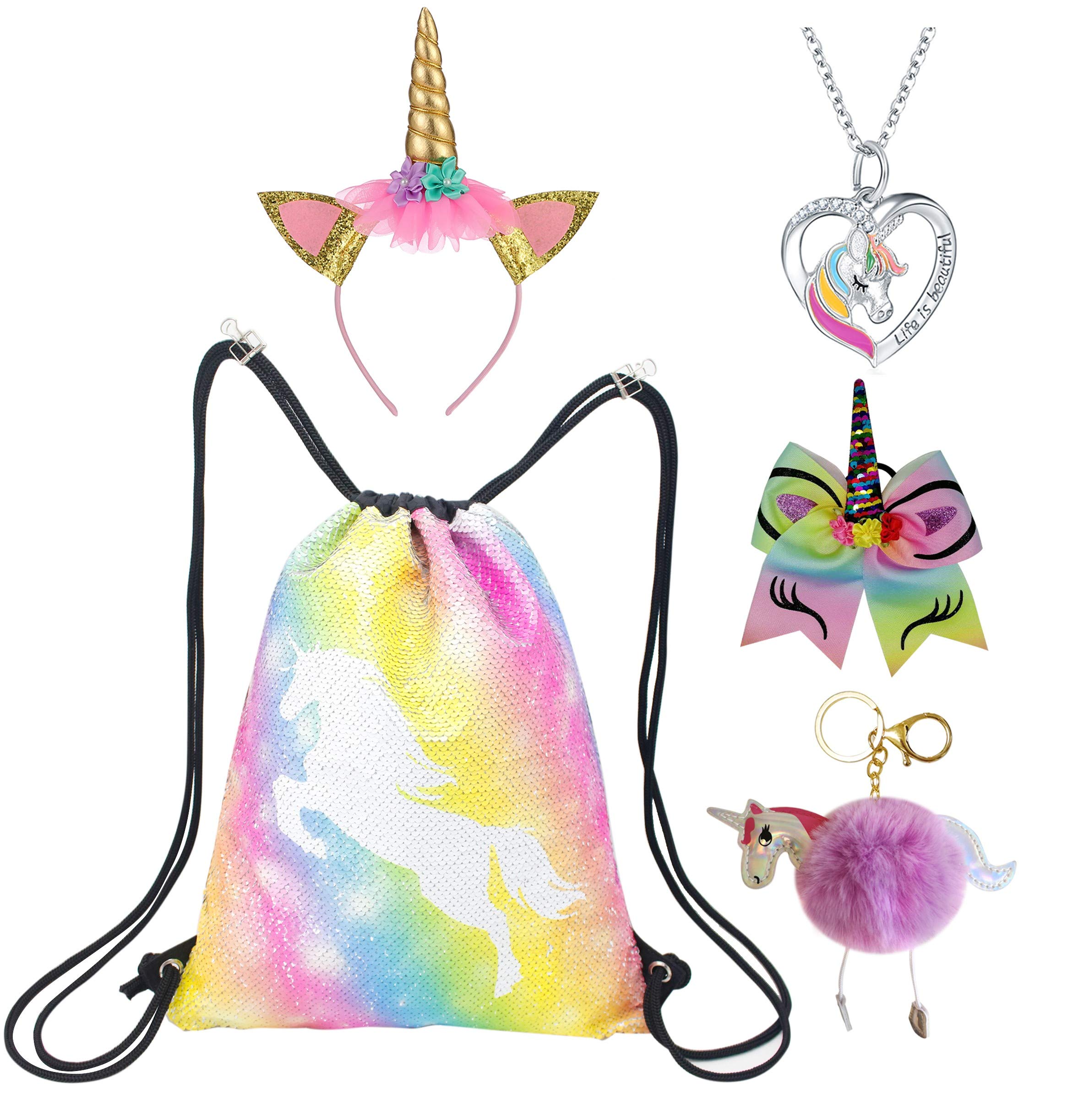 Unicorn Gift Set for Girls - Sparkly Sequin Drawstring Backpack, Necklace, Headband, Keychain & Hair Bow (Pink) | Perfect Birthday Party Favors, School Accessories & Playdate Gifts