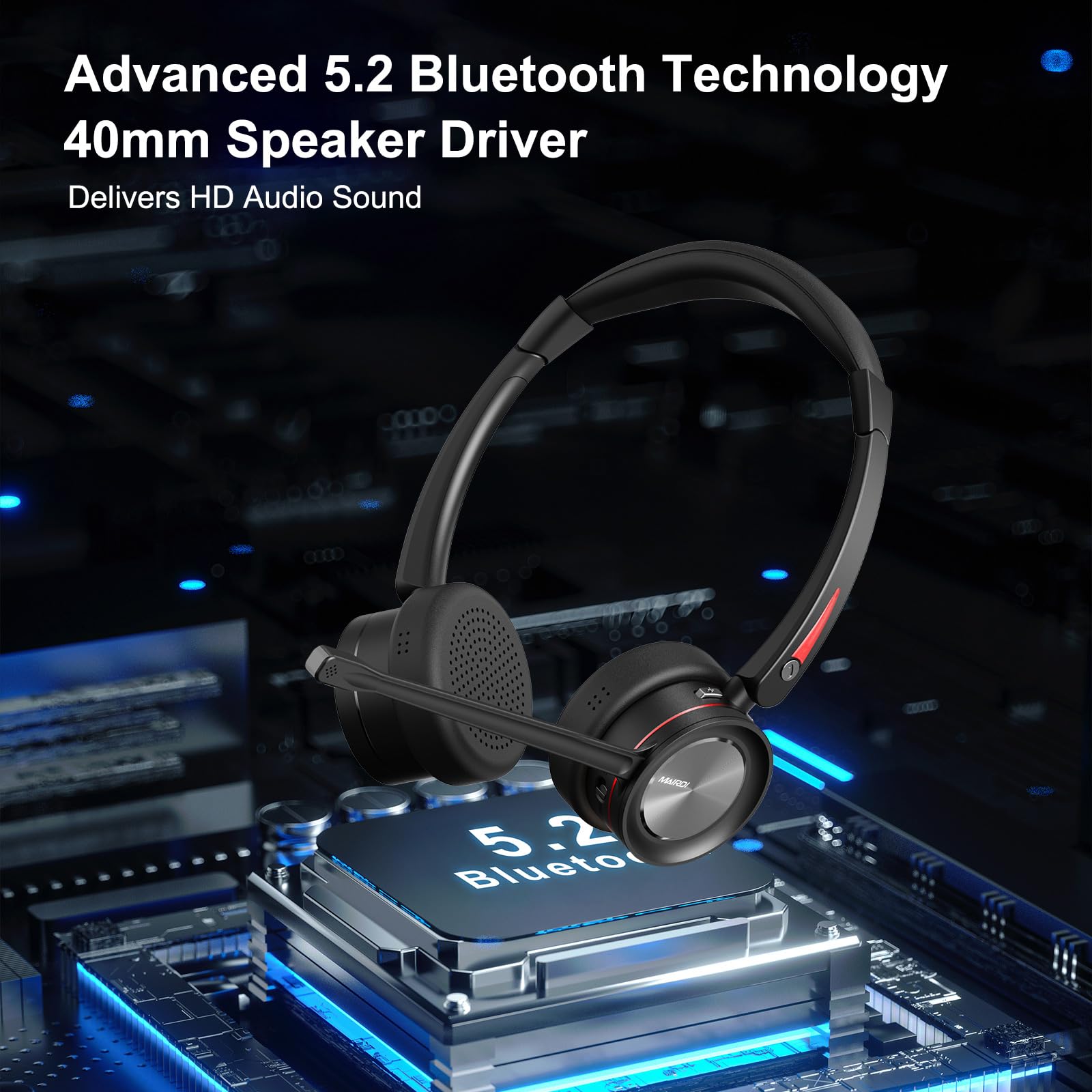 MAIRDI Wireless Bluetooth Headset with Microphone - 5.2 Noise Canceling Headset for PC, Truck Drivers, Office & Call Center - 40H Playtime - Compatible with Teams, Skype, Zoom - Perfect for Remote Work, Online Meetings & Long Driving Shifts