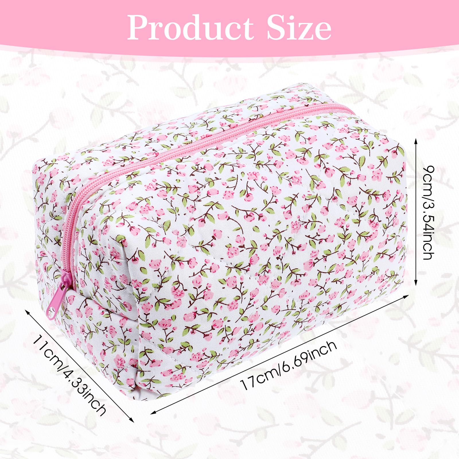 Quilted Floral Cosmetic Bag for Women - Cute Pink Makeup Organizer & Travel Toiletry Pouch | Portable Zippered Storage for Makeup Brushes, Lipsticks & Skincare | Perfect for Travel, Gym & Daily Use