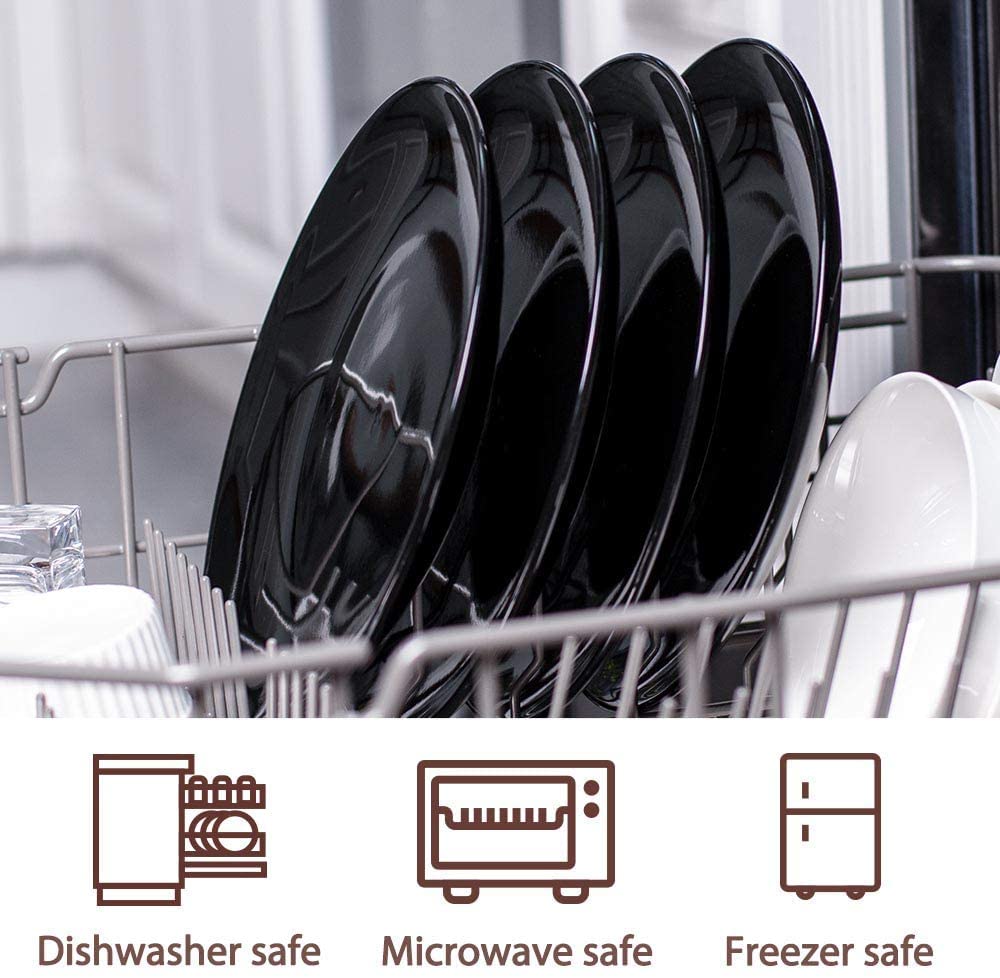 Delling 10-Inch Black Porcelain Dinner Plates Set of 4 - Scratch Resistant, Lead-Free, Microwave & Dishwasher Safe - Elegant Salad/Dessert Plates for Dining, Entertaining & Restaurant Use