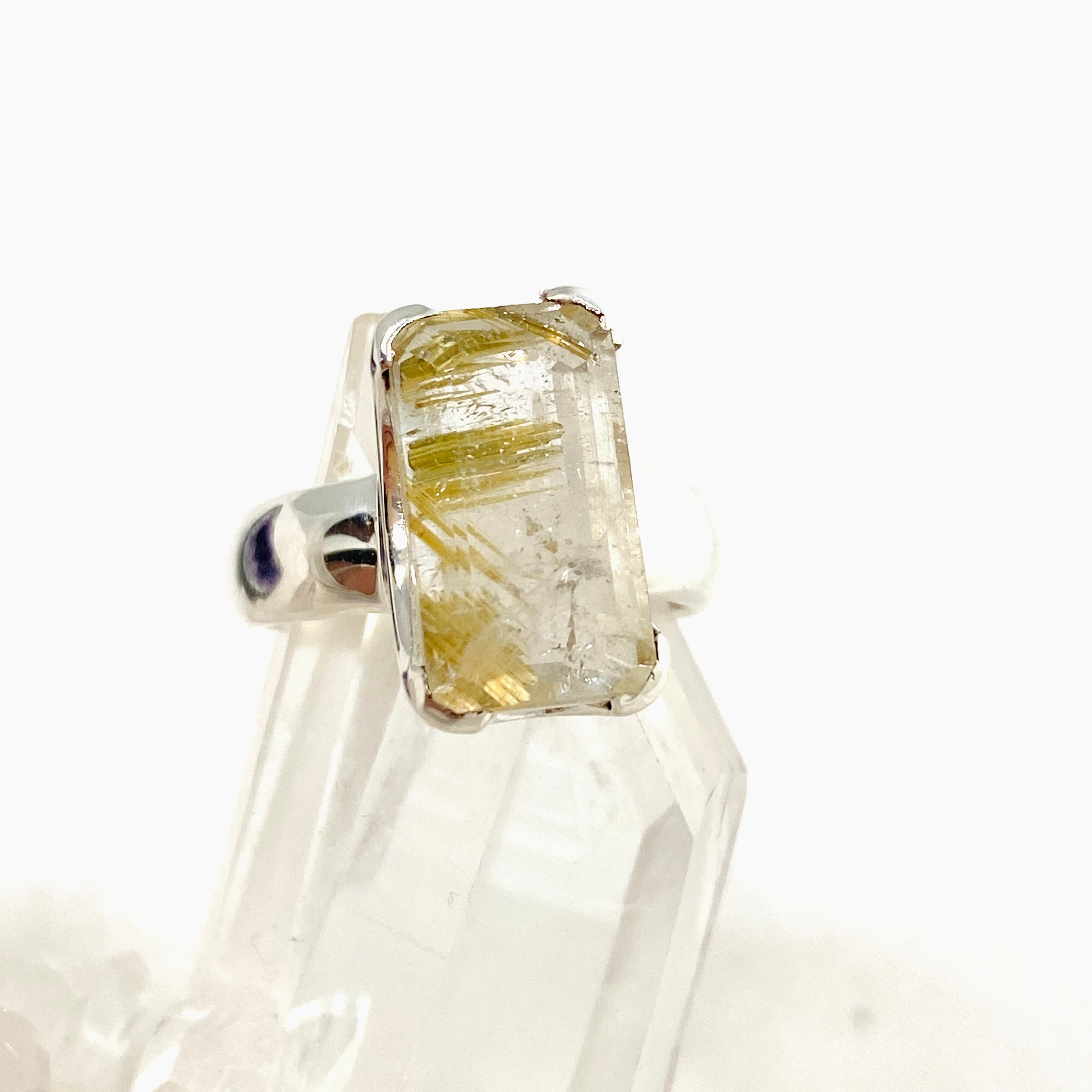 Rutilated Quartz Faceted Rectangular Ring Size 8 - Elegant Gold Jewelry for Women, Perfect for Weddings & Special Occasions