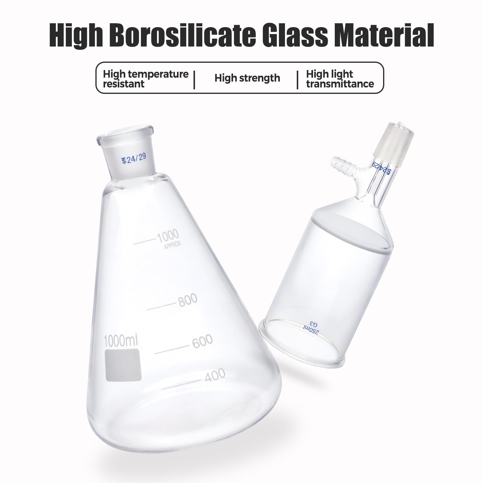 Premium 1000ml Filter Flask & 250ml Buchner Funnel Kit - G3 Borosilicate Glass Vacuum Filtration Distillation Apparatus for Chemistry Labs, Home Brewing, and Essential Oil Extraction
