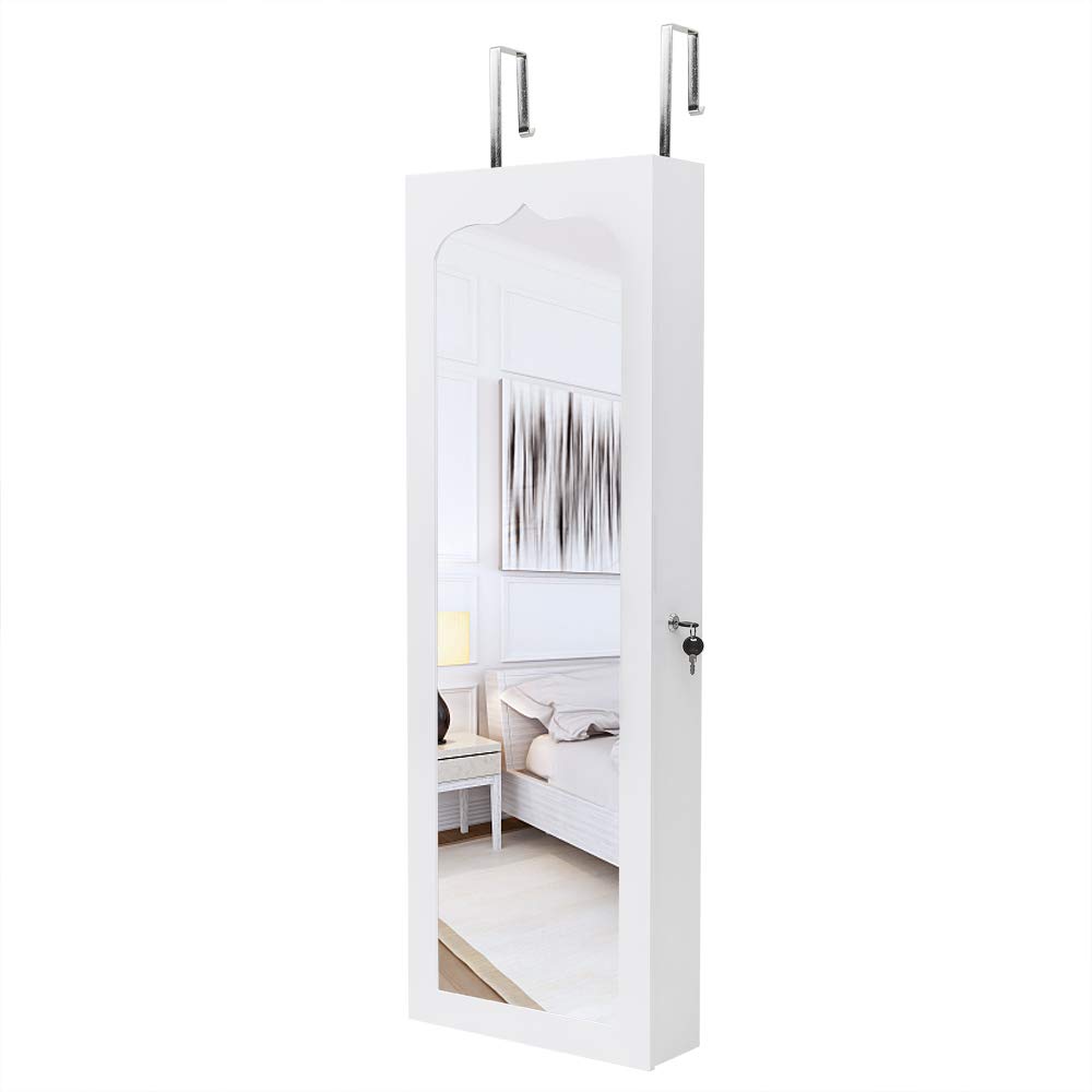 White Wooden Wall Mounted Jewelry Cabinet with Mirror - 4-Tier Shelf, 6 Drawers & 8 Blue LED Lights for Jewelry Storage - Perfect for Bedroom, Bathroom, Closet Organization & Vanity Display