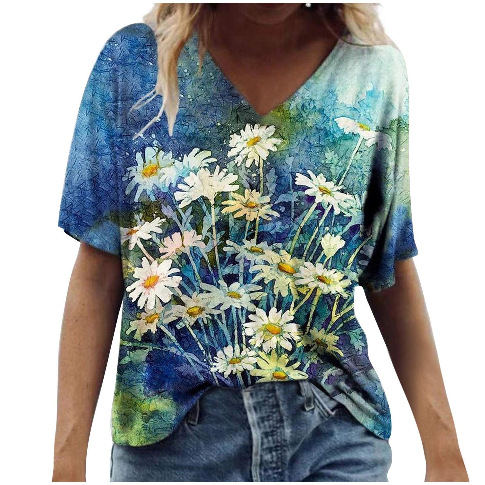 Women's Summer V-Neck Short Sleeve T-Shirt - Cute Printed Graphic Tee, Loose Fit Casual Blouse Top | Perfect for Beach Outings, Weekend Wear & Summer Fashion