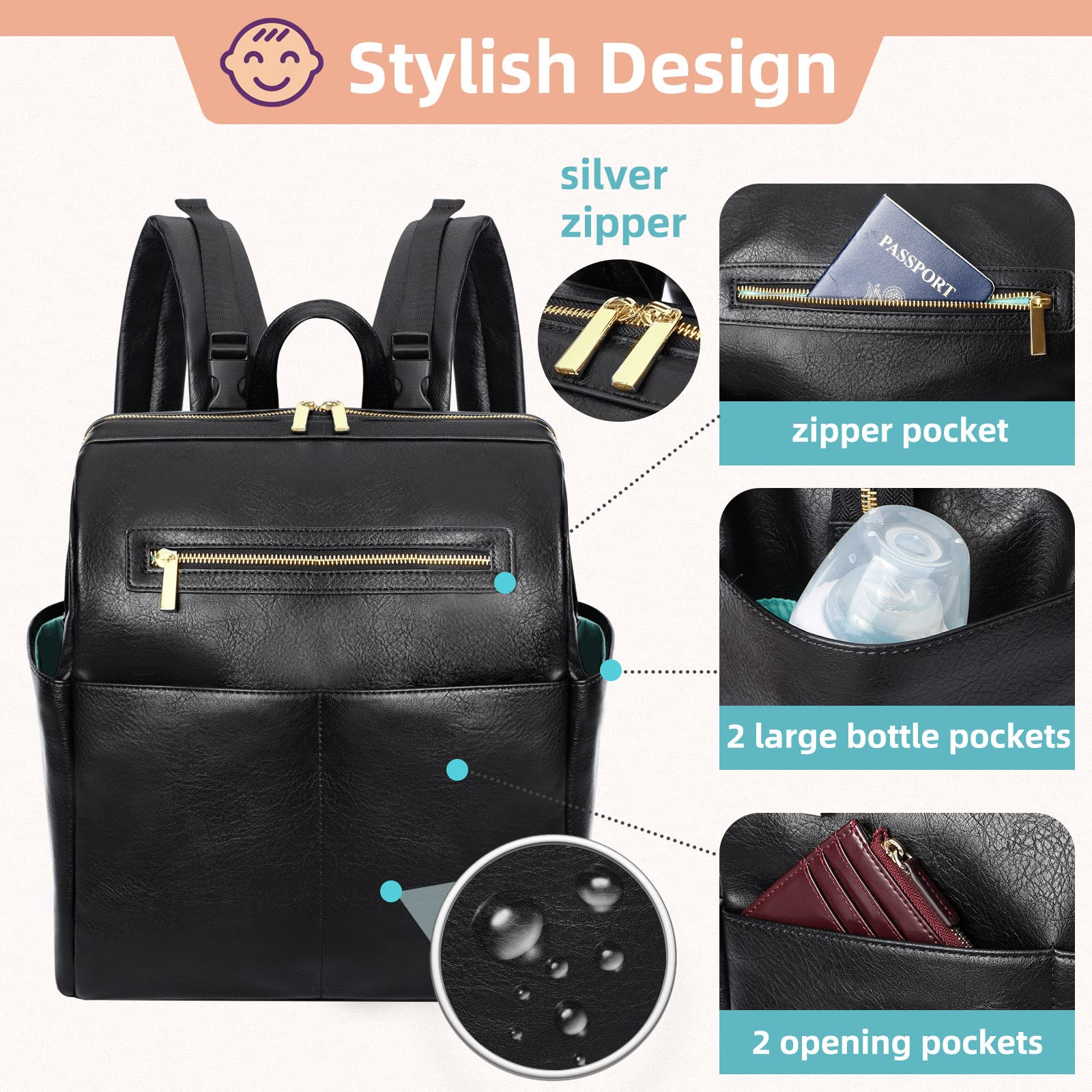 Premium Leather Diaper Backpack for Moms & Dads - 16 Pockets, Insulated Compartments, Fits 15
