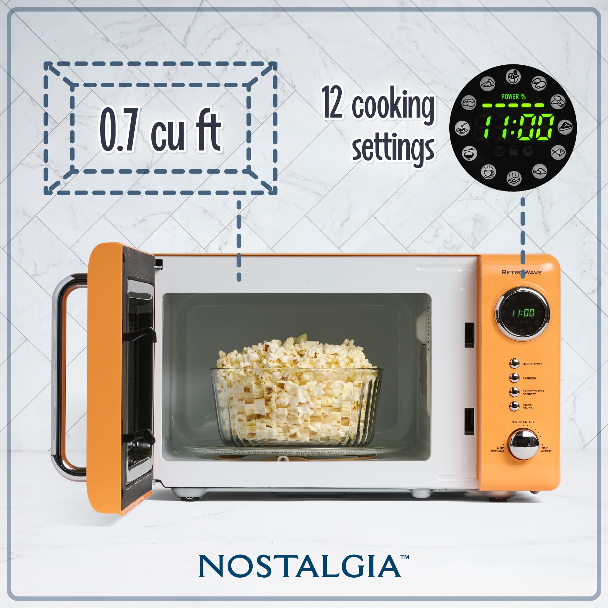 Retro Orange 0.7 Cu. Ft. 700-Watt Compact Countertop Microwave Oven with LED Display & Child Lock - Perfect for Dorms, Small Kitchens & Office Break Rooms - Easy Clean Interior