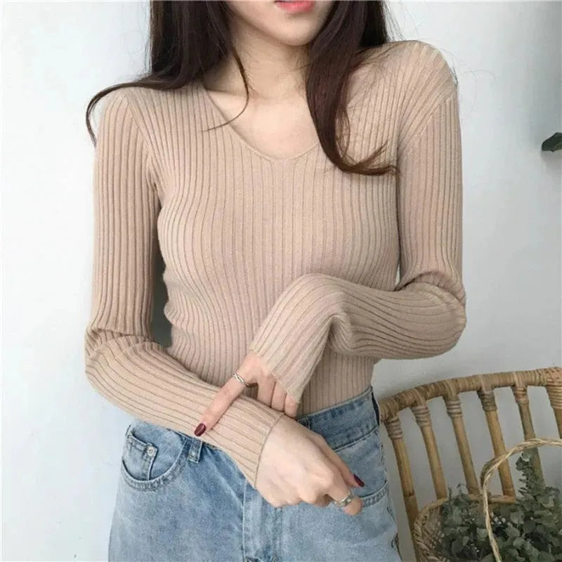 Stylish V Neck Slim Knitted Sweater for Women - Soft Comfortable Pullover for Fall & Winter - Perfect for Office, Dating and Casual Outfits