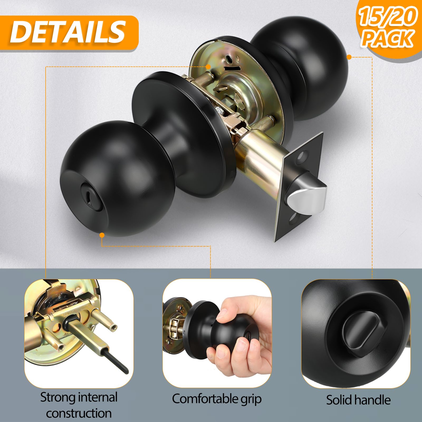 **15 Pack Matte Black Round Privacy Door Knobs - Stainless Steel Keyless Interior Handle for Bedroom, Bathroom, Office & Classroom Doors | Bulk Door Hardware Set for Home & Commercial Use**