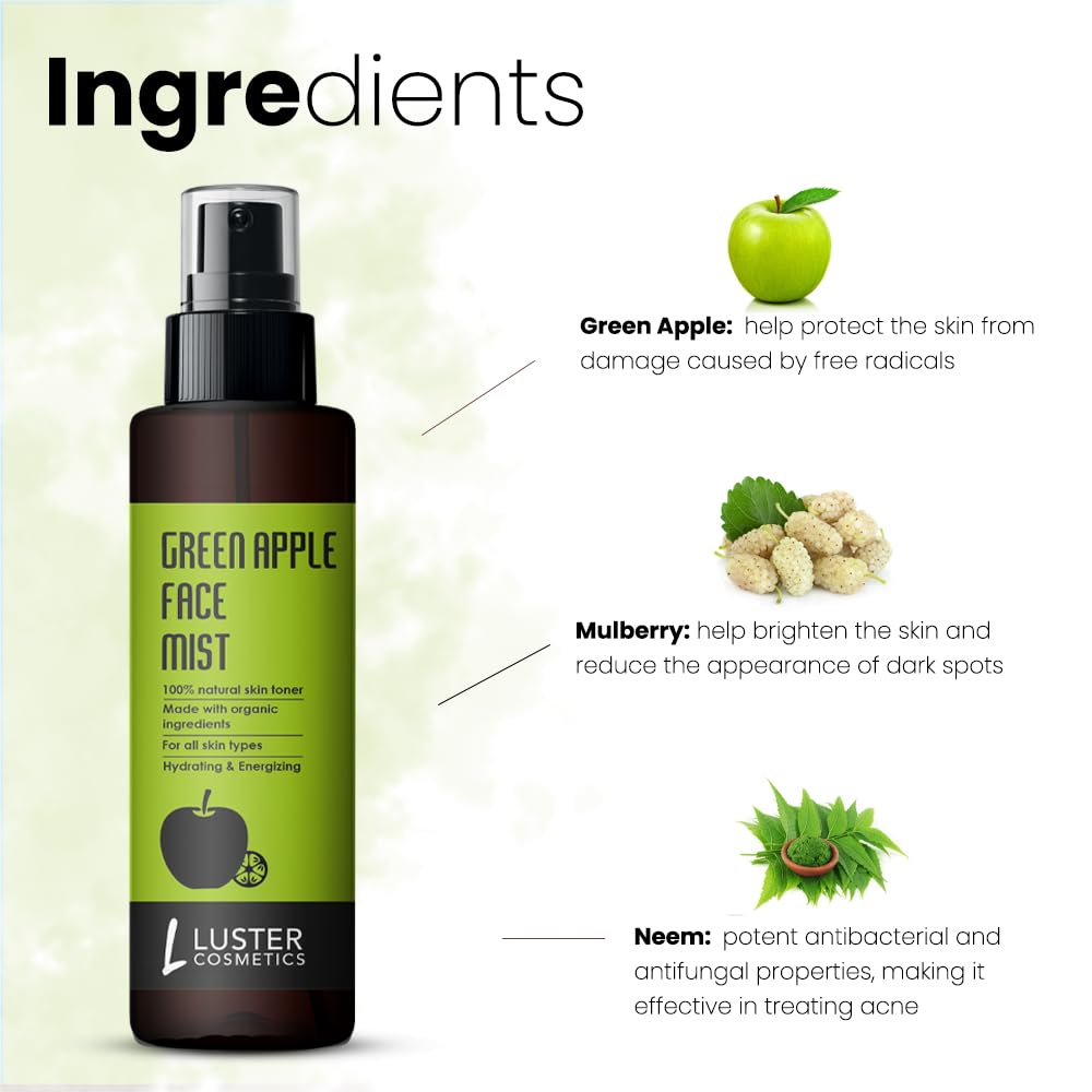 Luster Cosmetics Green Apple Face Mist Skin Toner | Hydrating Facial Spray for Women & Men | All Skin Types | Paraben & Sulfate Free (115ml) | Refreshing Toner for Daily Skincare, Makeup Setting & On-the-Go Hydration
