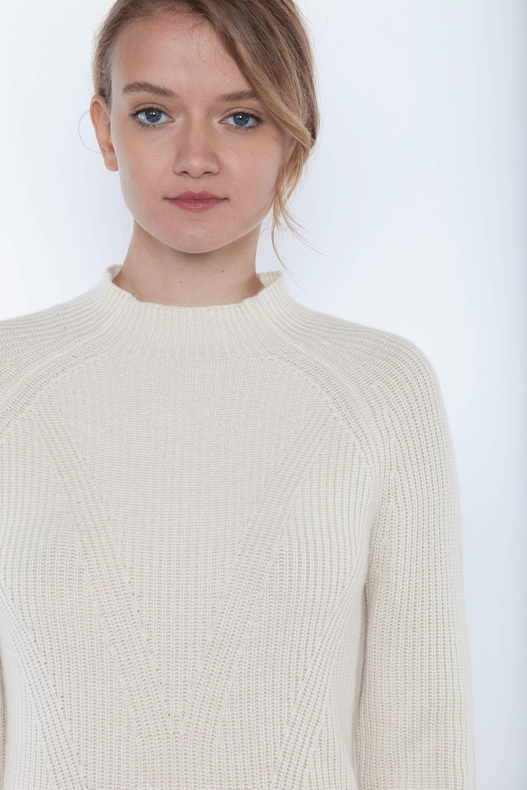 JENNIE LIU Women's 100% Pure Cashmere Long Sleeve Chunky Rib Funnel Neck Sweater - Soft Winter Pullover for Casual Outfits & Office Wear
