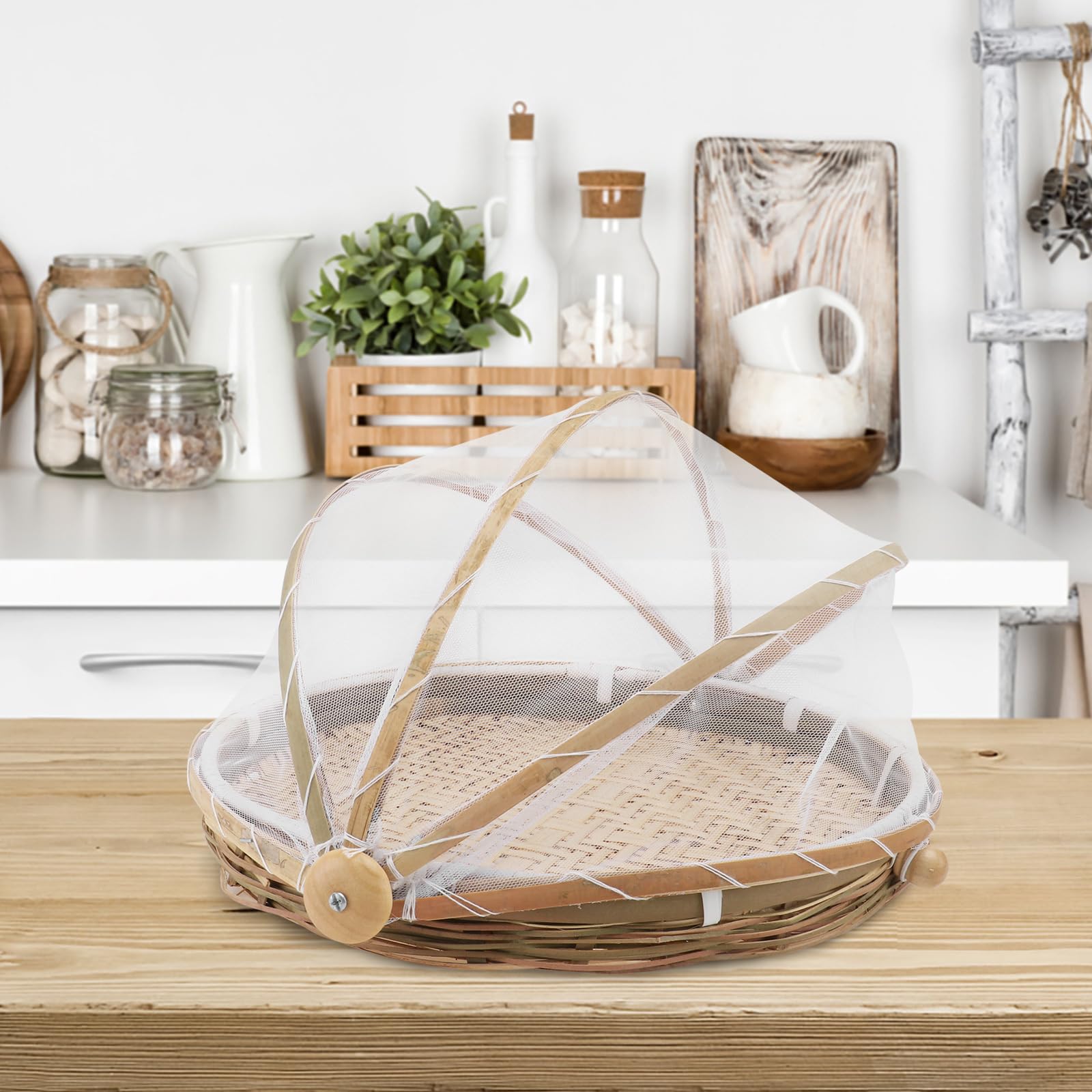 3-Piece Bamboo Food Serving Basket Set - Hand-Woven Round Picnic Basket with Mesh Cover for Vegetables, Fruits, Bread & Home Storage | Perfect for Outdoor Picnics, Party Serving & Kitchen Organization