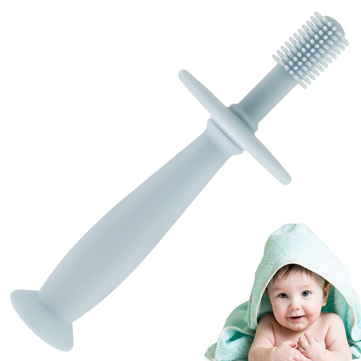 HOTBEST 360° Baby Toothbrush with Suction Base - Soft Silicone BPA-Free Infant Toothbrush with Round Guard for Oral Health Care - Perfect for Babies & Toddlers Learning to Brush (Blue) - Ideal for Bath Time, Teething Relief & Early Dental Hygiene Training