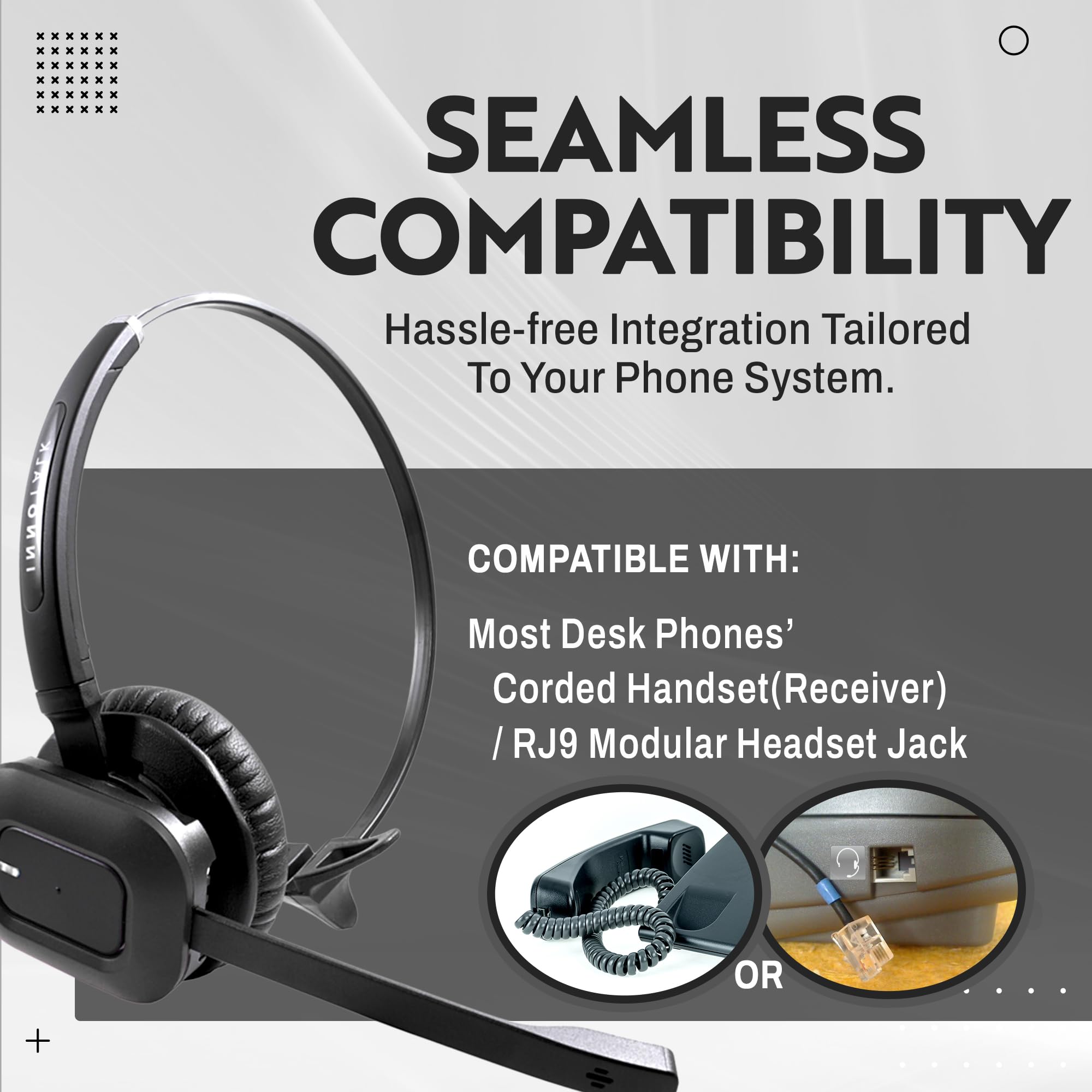 INNOTALK Wireless Office Headset with RJ9 Adapter - 10-Hour Talk Time, 300ft Range, Noise Canceling for Desk Phones | Perfect for Call Centers, Remote Work & Business Communications (Model W780)
