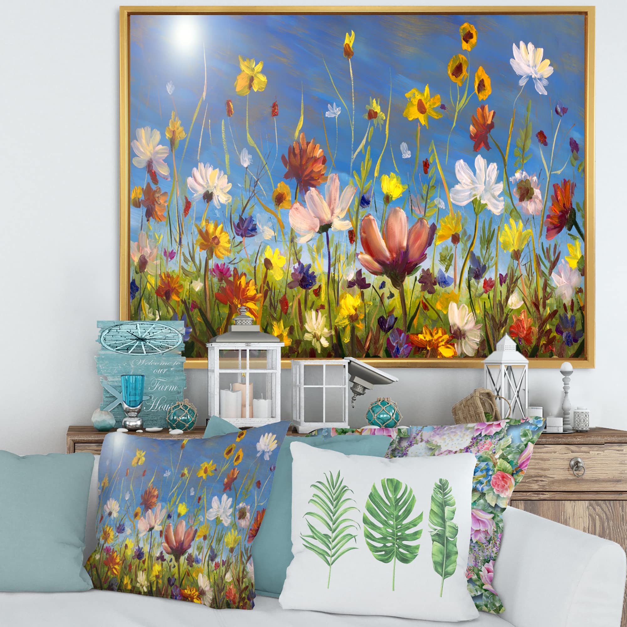 DesignQ Daisies and Wildflowers Summer Garden Canvas Art Print - Traditional Framed Wall Decor for Living Room, Bedroom & Office
