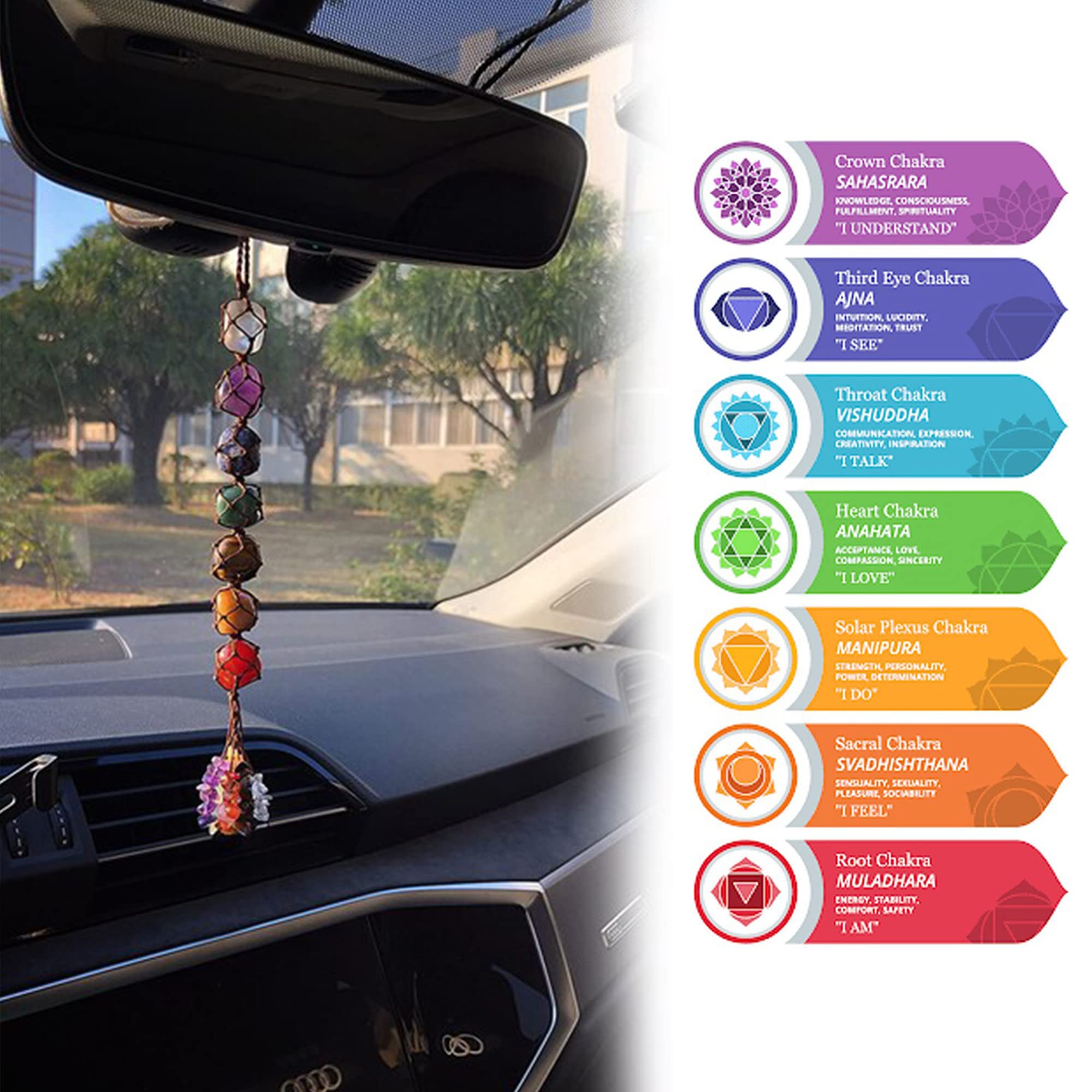 7 Chakra Crystal Car Hanging Ornament - Tree of Life Feng Shui Decor for Rearview Mirror, Home & Office (Set of 3) - Positive Energy & Stress Relief for Meditation, Yoga & Daily Commute