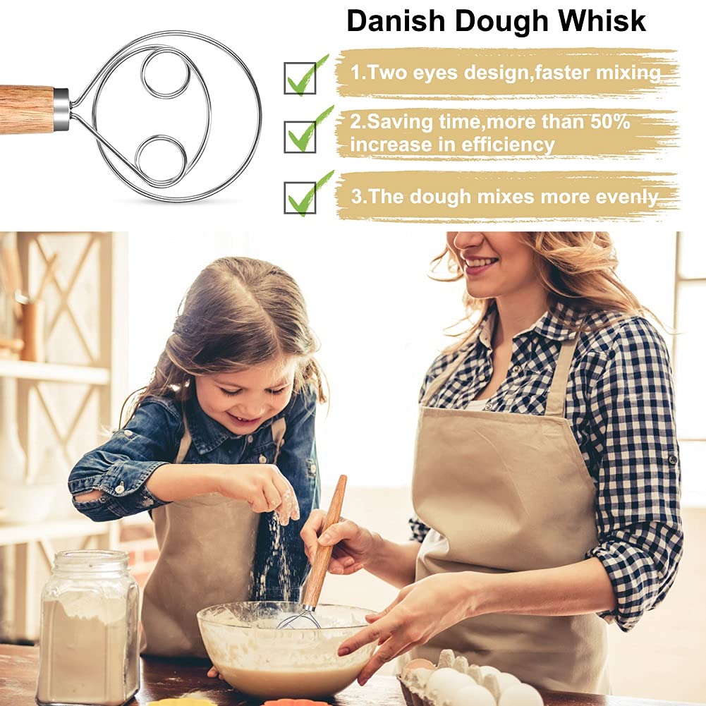 Premium 2-Pack Danish Dough Whisks Set - Stainless Steel & Wooden Handle Dough Mixers with 2 Dough Scrapers (13x3.4 Inch) - Perfect for Baking Bread, Cookies, Pastries & Pizza Dough - Silver Kitchen Tools for Home Bakers & Professional Chefs