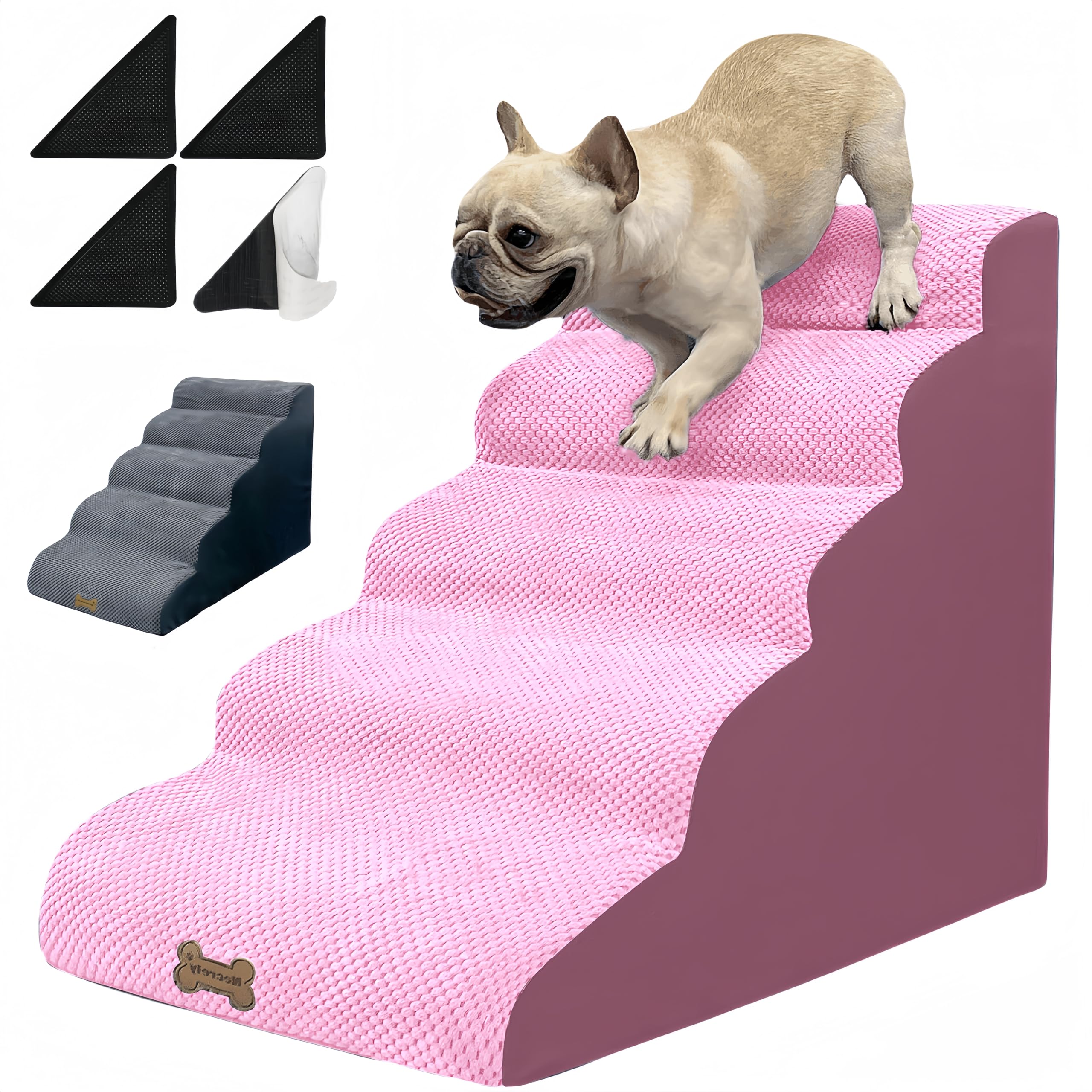 5-Step Dog Stairs for Small & Large Dogs - 24 Inch Pet Ramp with Non-Slip Surface for High Beds & Couches (18-30 Inch Height) - Includes 2 Washable Covers (Pink & Grey) - Perfect for Elderly Pets, Cats & Puppies - Ideal for Bedroom, Living Room & Pet-Friendly Spaces