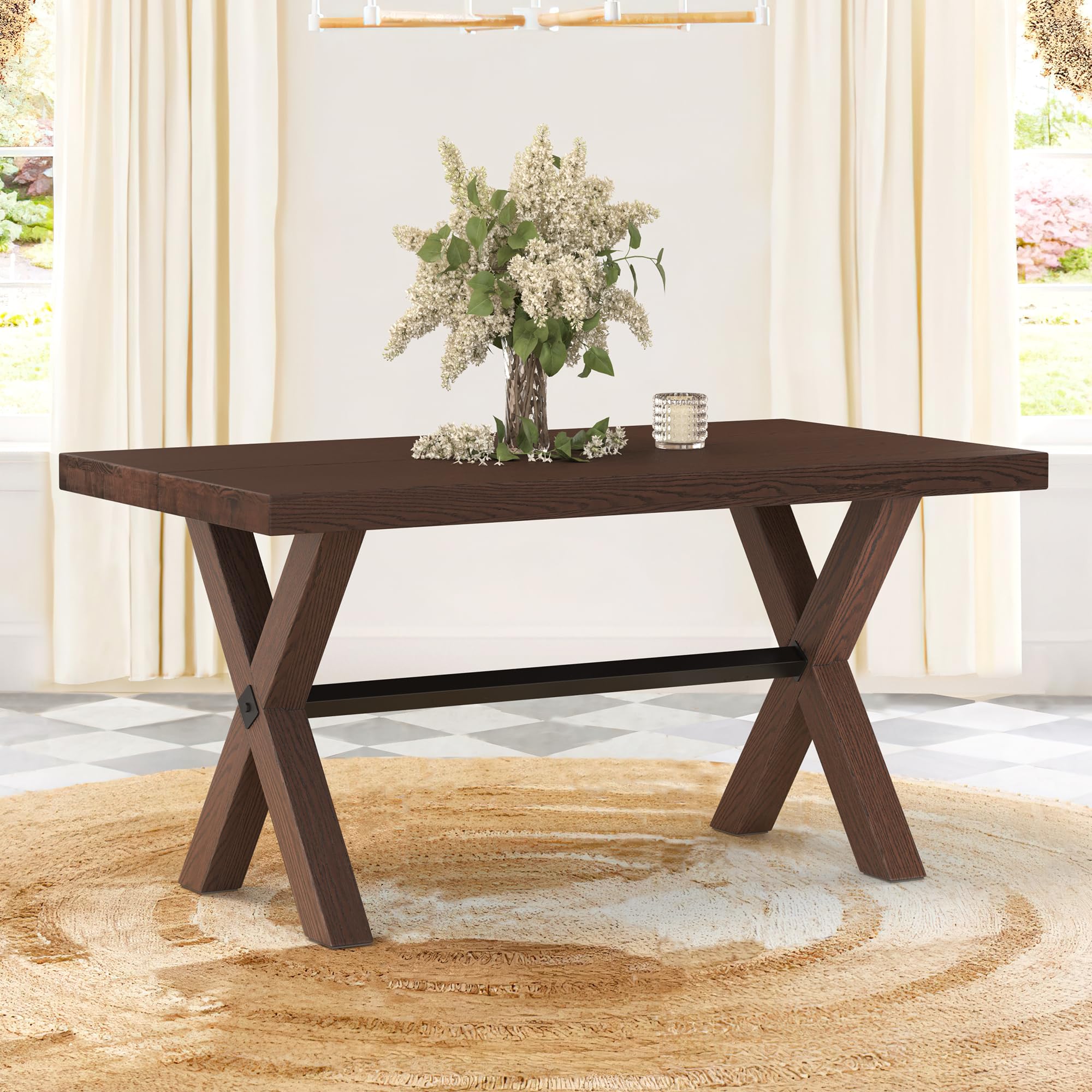 LUE BONA 59 Inch Solid Wood Farmhouse Dining Table for 6-8 People, Heavy Duty Rectangular Kitchen Table with Natural Oak Grain - Perfect for Family Gatherings, Dinner Parties & Cozy Home Dining Rooms (Brown)