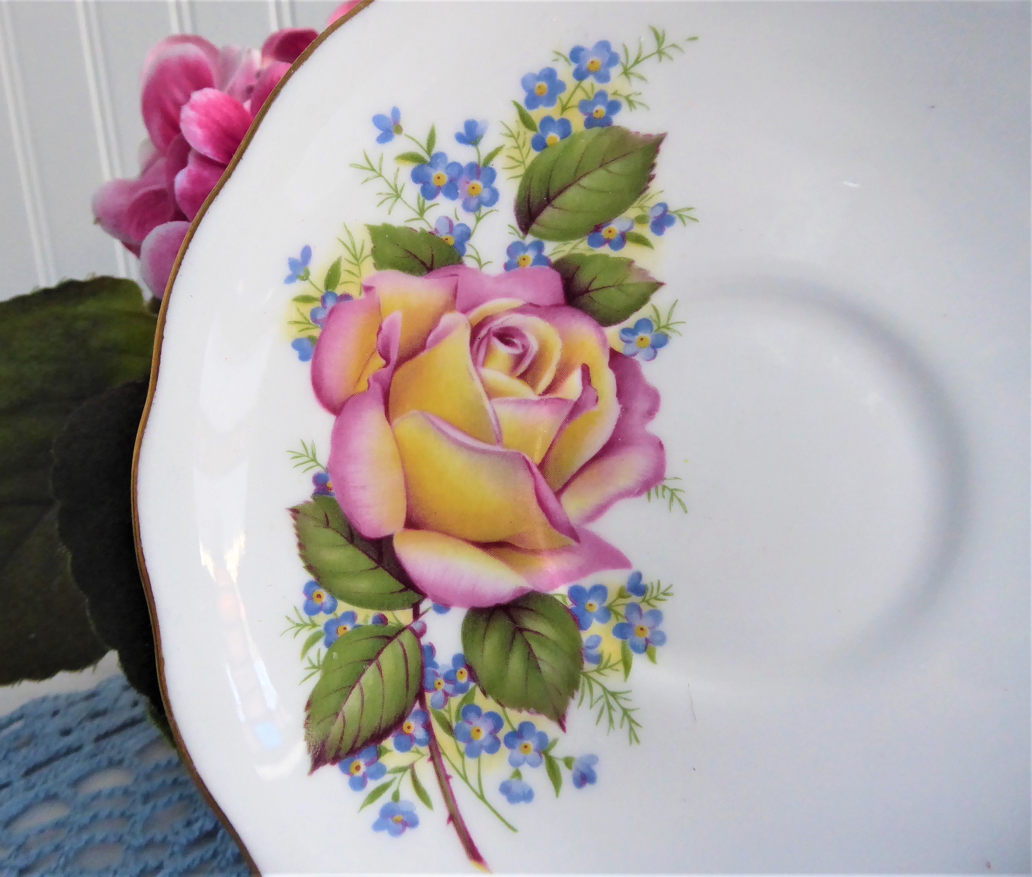 Vintage 1960s Royal Vale English Bone China Tea Cup and Saucer Set - Pink & Yellow Rose with Forget-Me-Not Floral Design | Elegant Afternoon Tea, Bridal Shower Gift, Collectible Fine China
