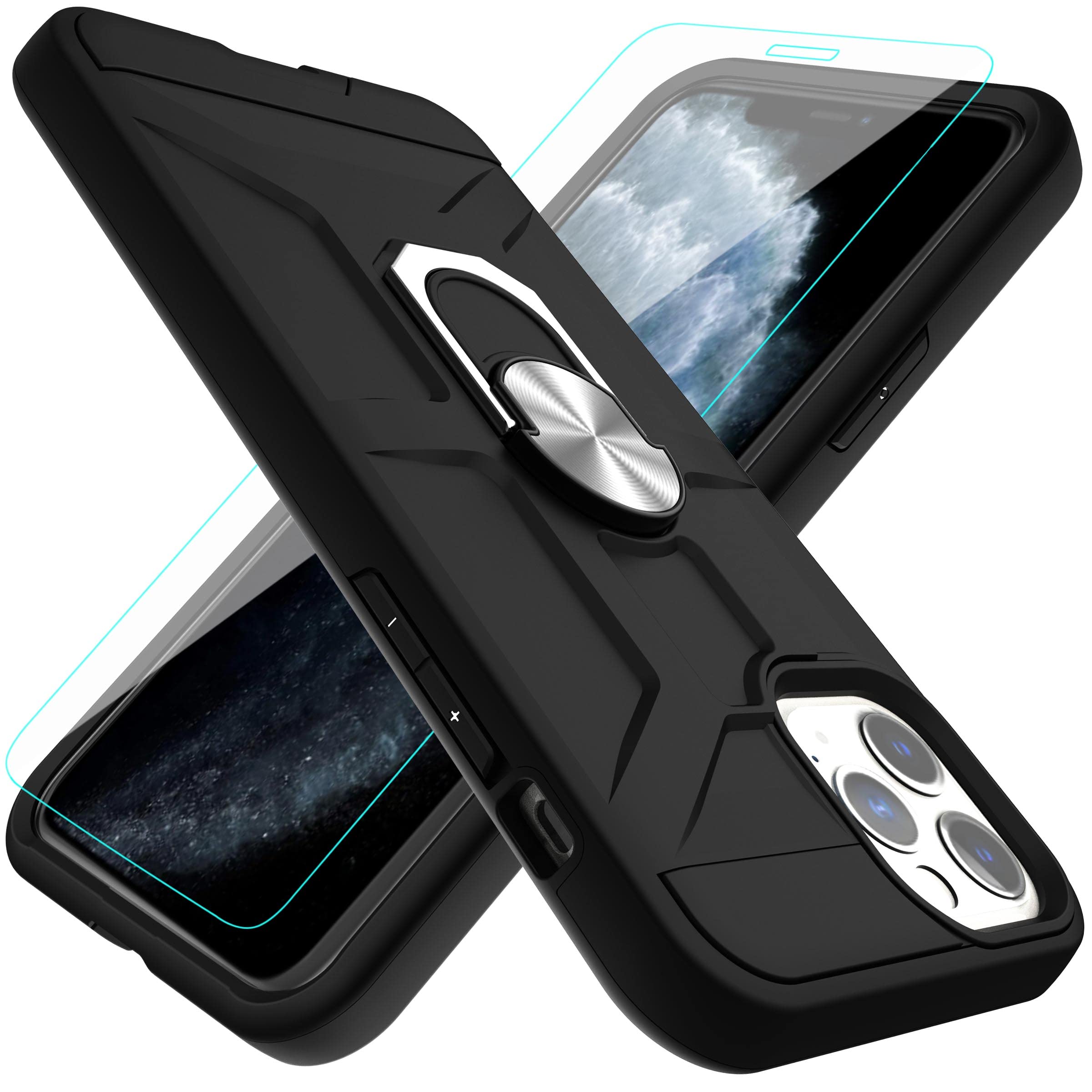 Shockproof iPhone 11 Pro Max Case with 360° Rotating Ring Kickstand & HD Screen Protector - Dual Layer Protection for iPhone 11 Pro Max 6.5 inch (Black) | Perfect for Work, Travel, and Outdoor Activities