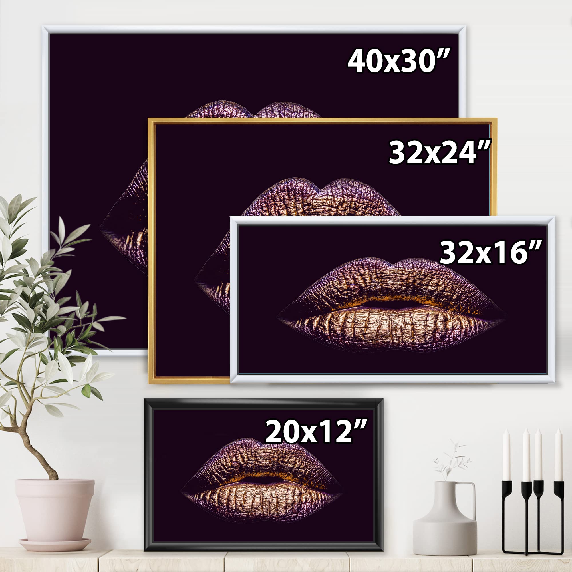 DesignQ Sexy Golden Metallized Female Lips III - Modern Framed Canvas Wall Art Print for Living Room, Bedroom & Office Decor