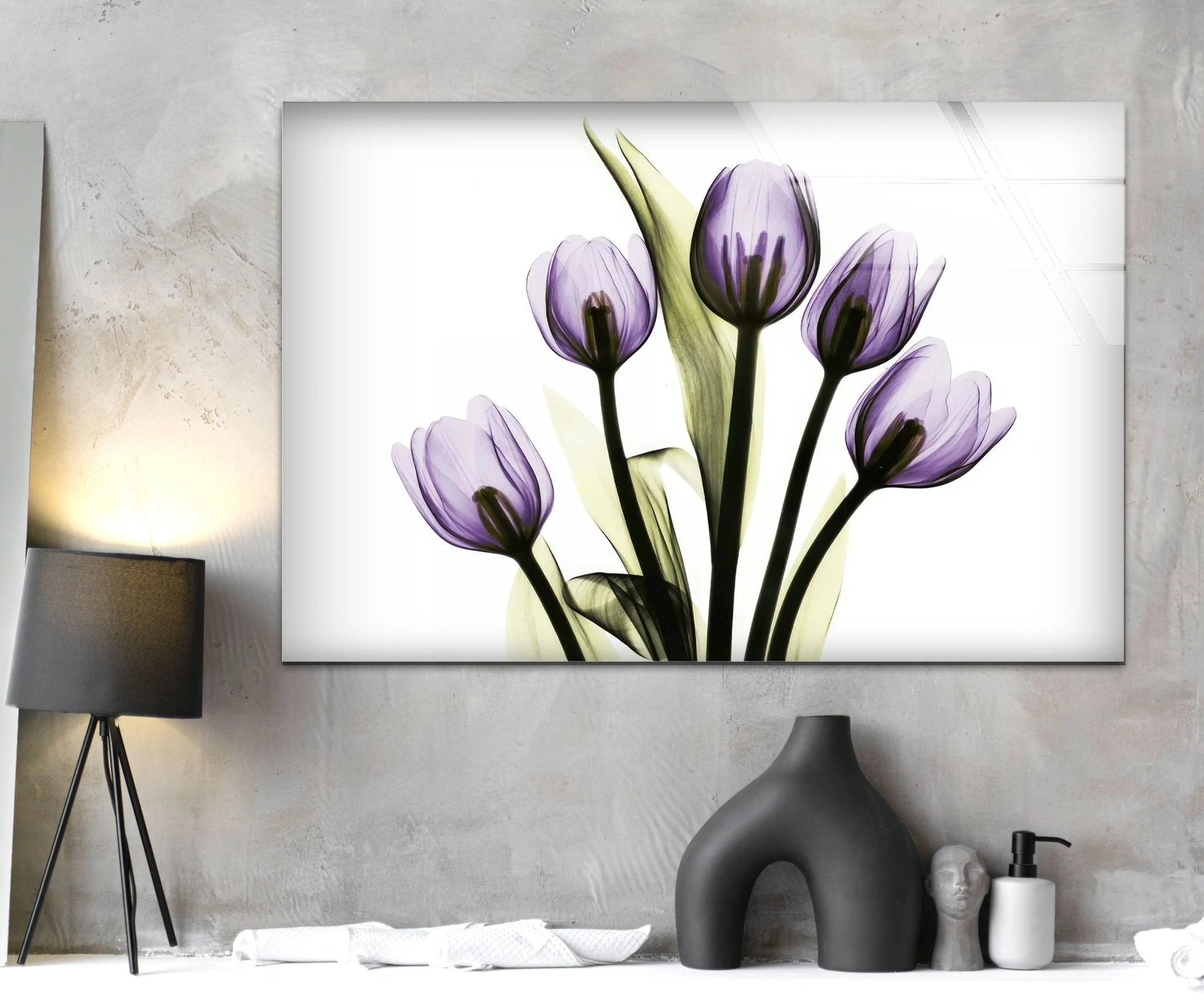 Albert Koetsier Xray Five Tulips In Purple Glass Wall Art - Modern Floral Canvas Print for Living Room, Bedroom & Office Decor