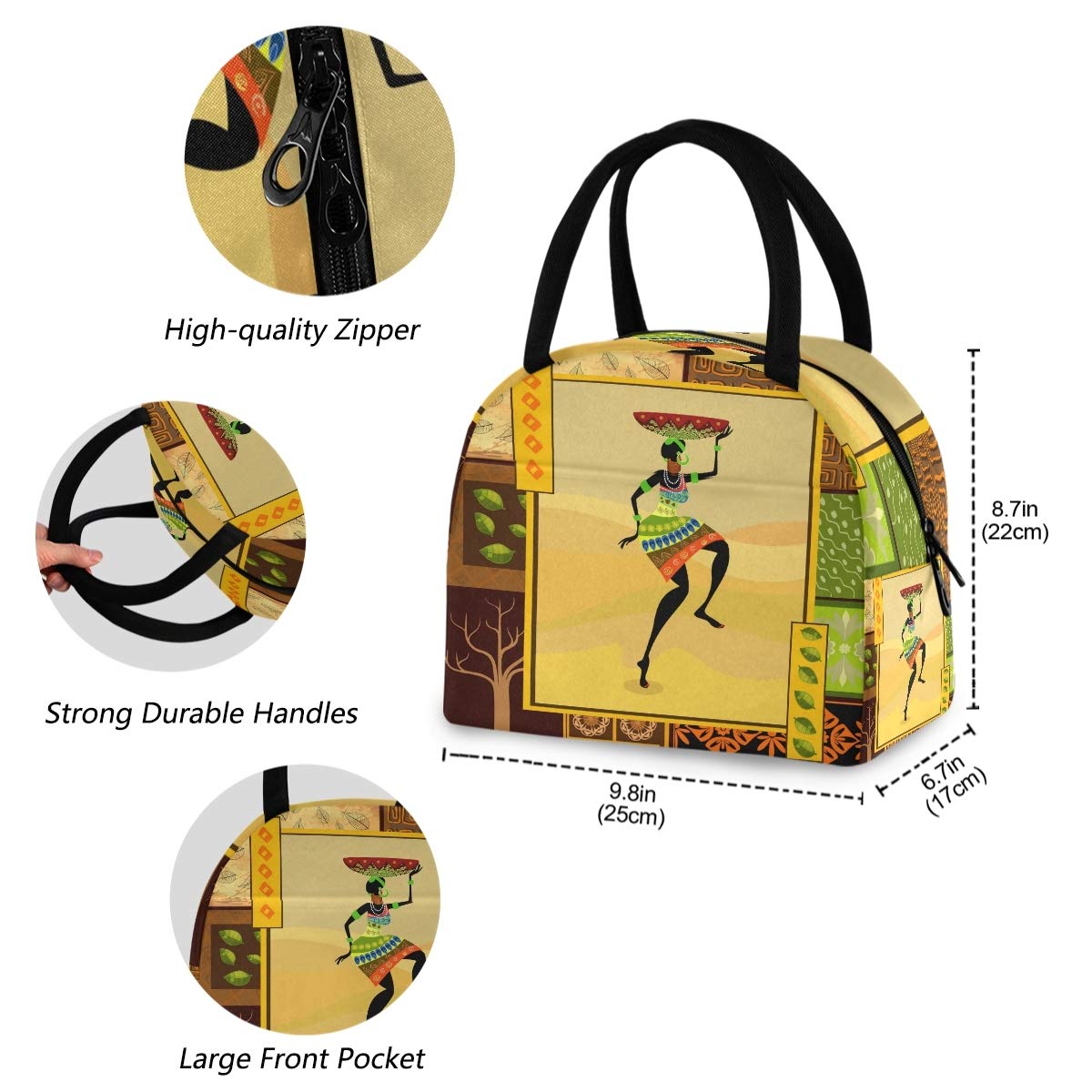African Print Reusable Insulated Lunch Tote Bag with Zippered Front Pocket - Thermal Cooler Container for Work, Picnic, Beach, Travel & Fishing | Eco-Friendly Women's Lunch Bag for Office, School & Outdoor Activities