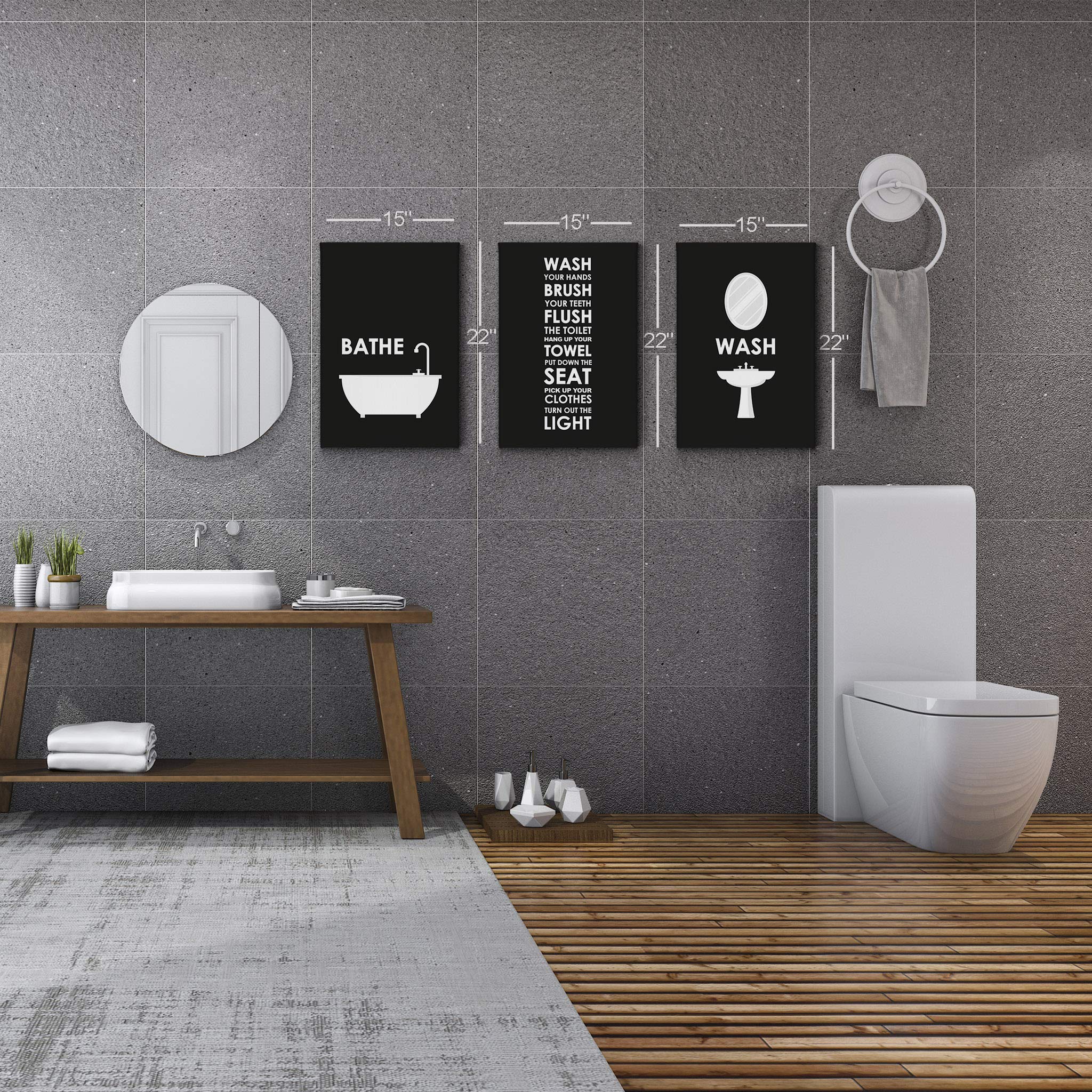 Funny Bathroom Rules Canvas Print Set - 3 Piece Wall Art Decor with Humorous Quotes, Ready to Hang (36x24 inches) - Perfect for Powder Room, Guest Bathroom or Home Decor