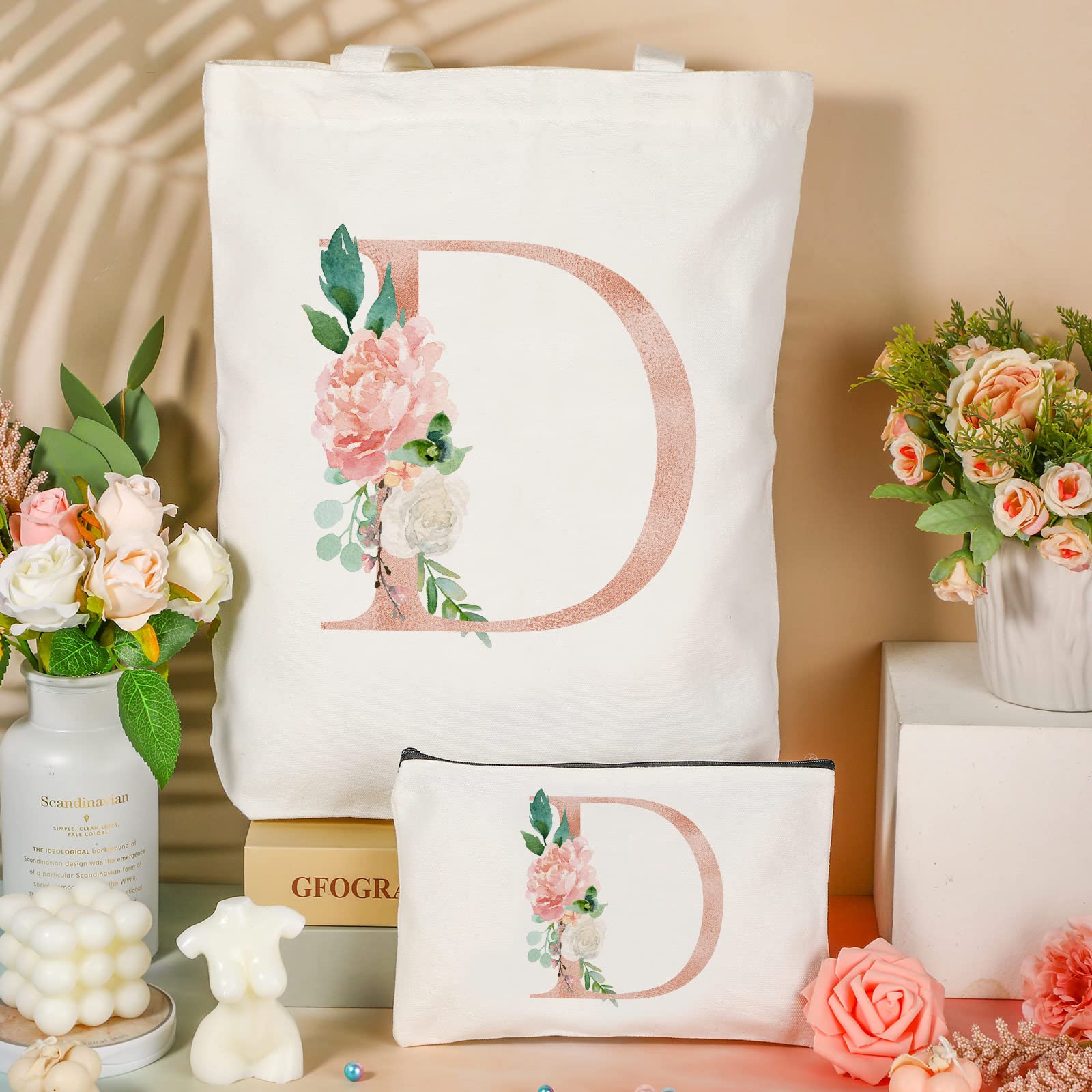 Personalized Floral Monogram Canvas Tote Bags for Women - 2 Pack Initial Cosmetic & Travel Bags - Wedding, Bridal Shower, Beach Day & Shopping Essentials