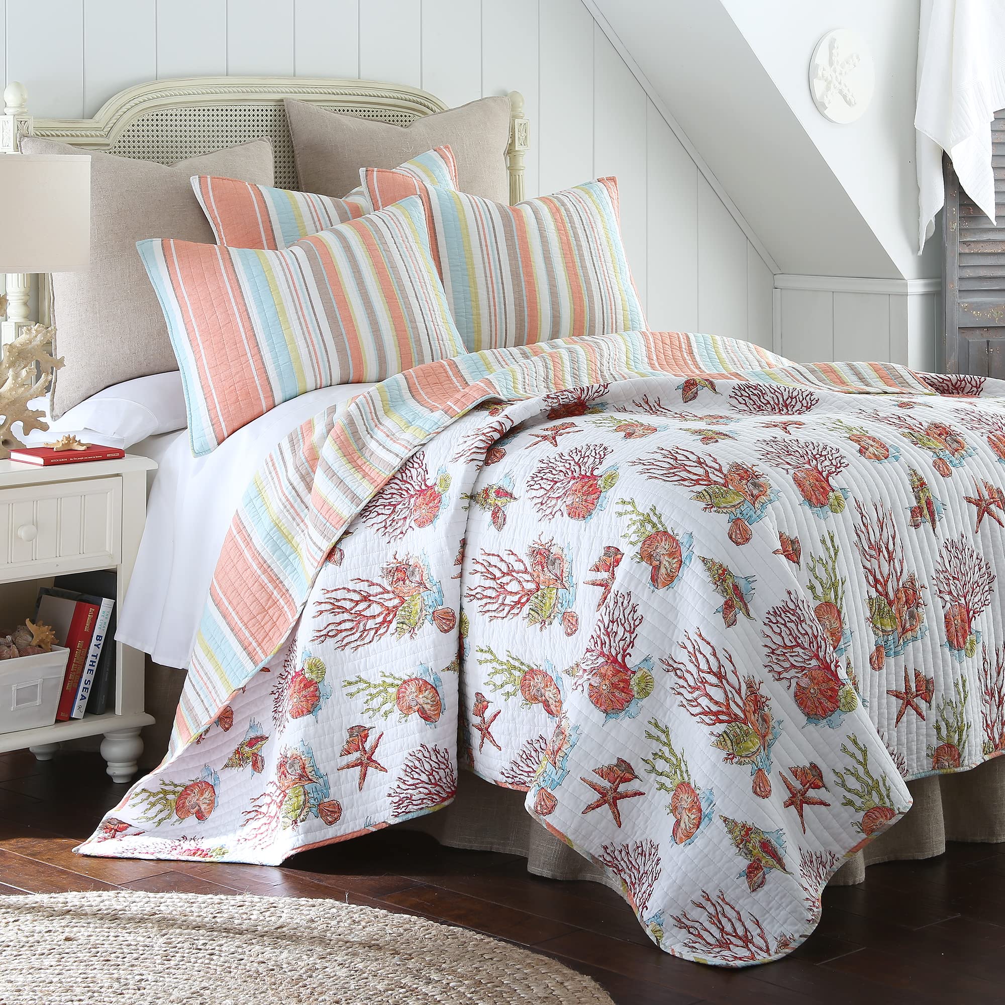Levtex Home Brighton Coral Full/Queen Cotton Quilt Set - Striped Coastal Bedding for Beach House, Guest Room & Master Bedroom Decor