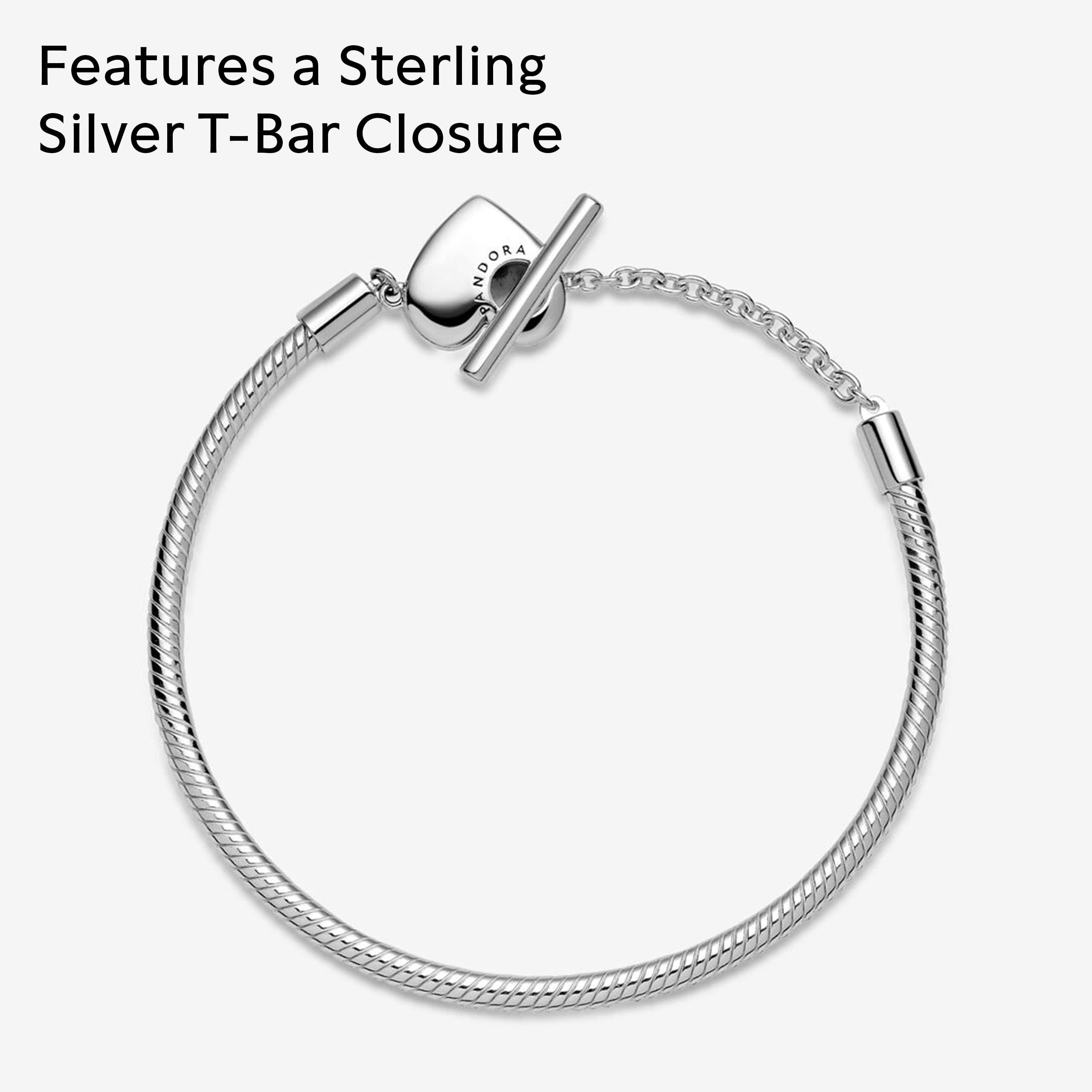 PANDORA Moments Heart T-Bar Snake Chain Bracelet with Charms - Adjustable Silver Jewelry Gift for Women, Girlfriend, Wife - Perfect for Anniversary, Birthday, Valentine's Day - Comes in Elegant Gift Box