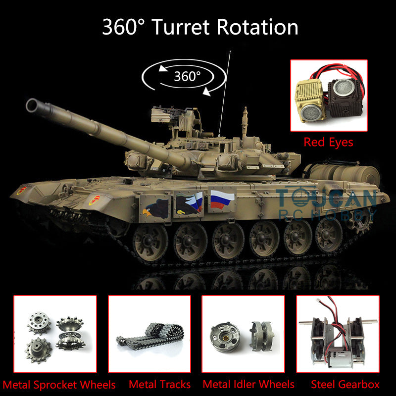 2.4Ghz Henglong 1/16 Scale 7.0 Russian T90 RTR RC Tank Model 3938 with 360° Rotating Turret, Red LED Eyes, Steel Gearbox & Metal Tracks - Perfect for Military Enthusiasts, Collectors and Outdoor RC Battles