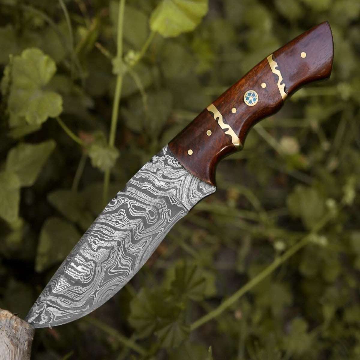 Premium Damascus Steel Camping Knife with Rosewood Handle - Outdoor Survival, Hunting, and Bushcraft Essential