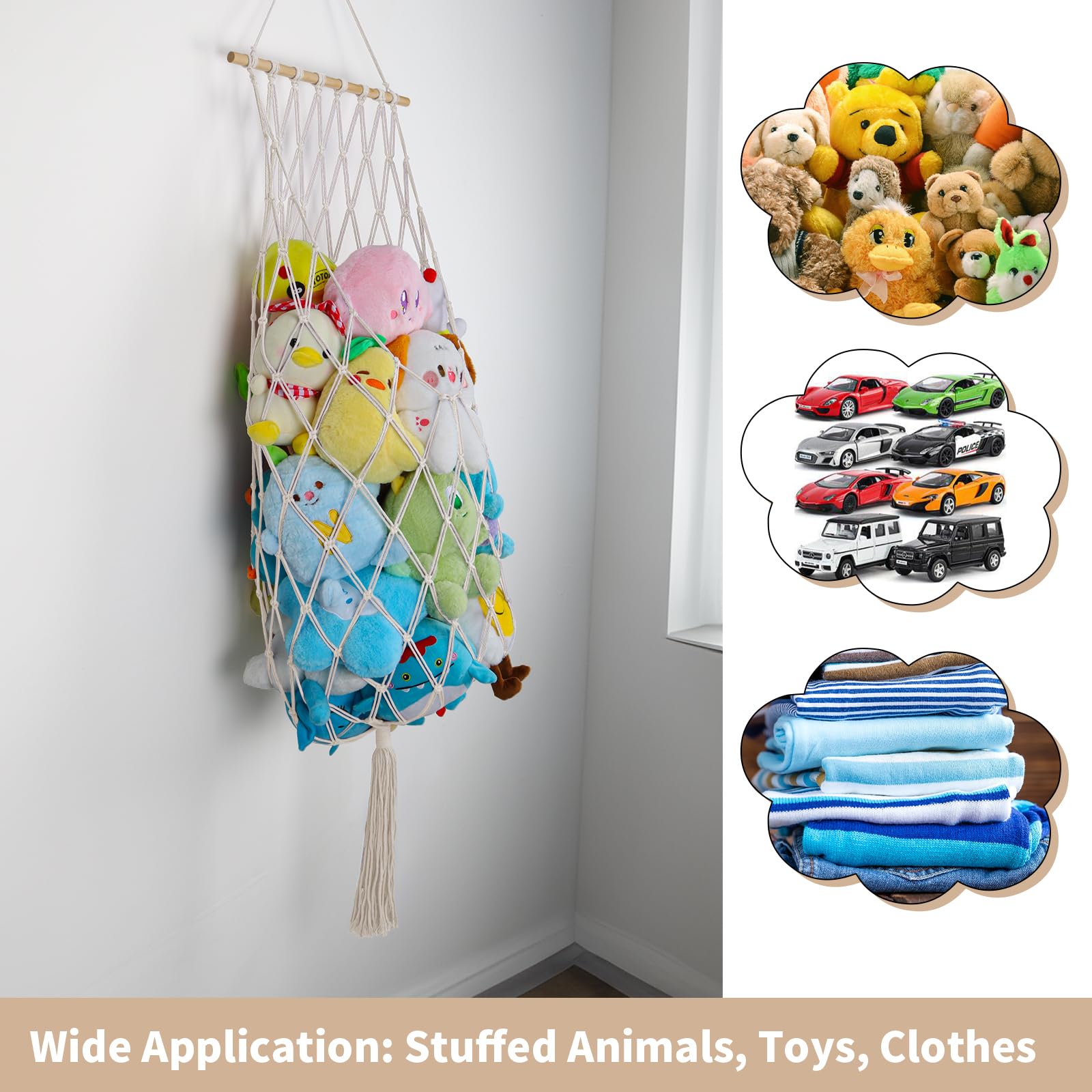 **68 Inch Jumbo Macrame Stuffed Animal Storage Net - Vertical Hanging Plushie Holder for Kids, Boys & Girls - Boho Nursery Decor (Cream) - Perfect for Bedroom, Playroom & Gift Giving**