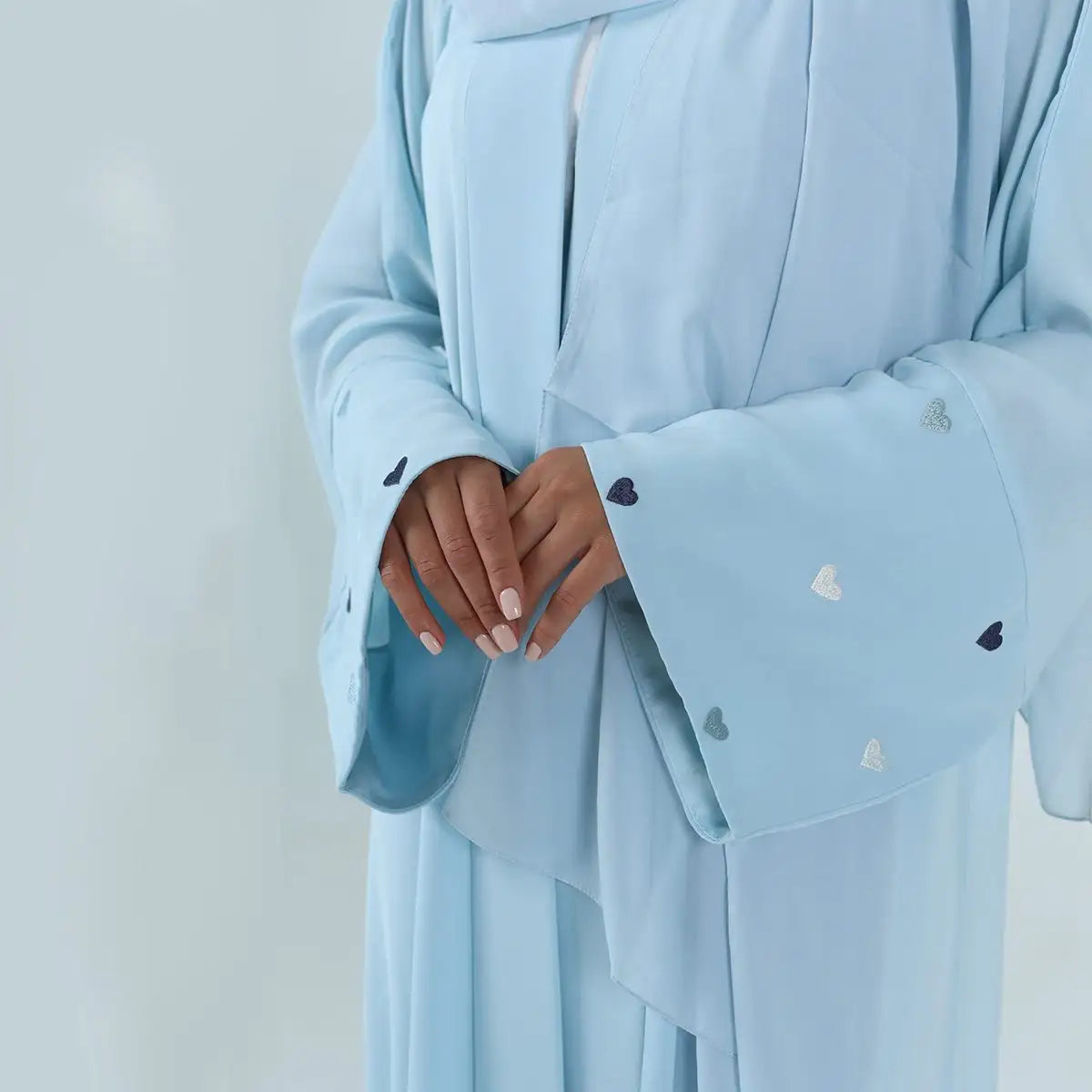 Elegant Heart Embroidery Muslim Women's Nida Cardigan Open Abaya Dress - Perfect for Prayer, Eid, and Special Occasions