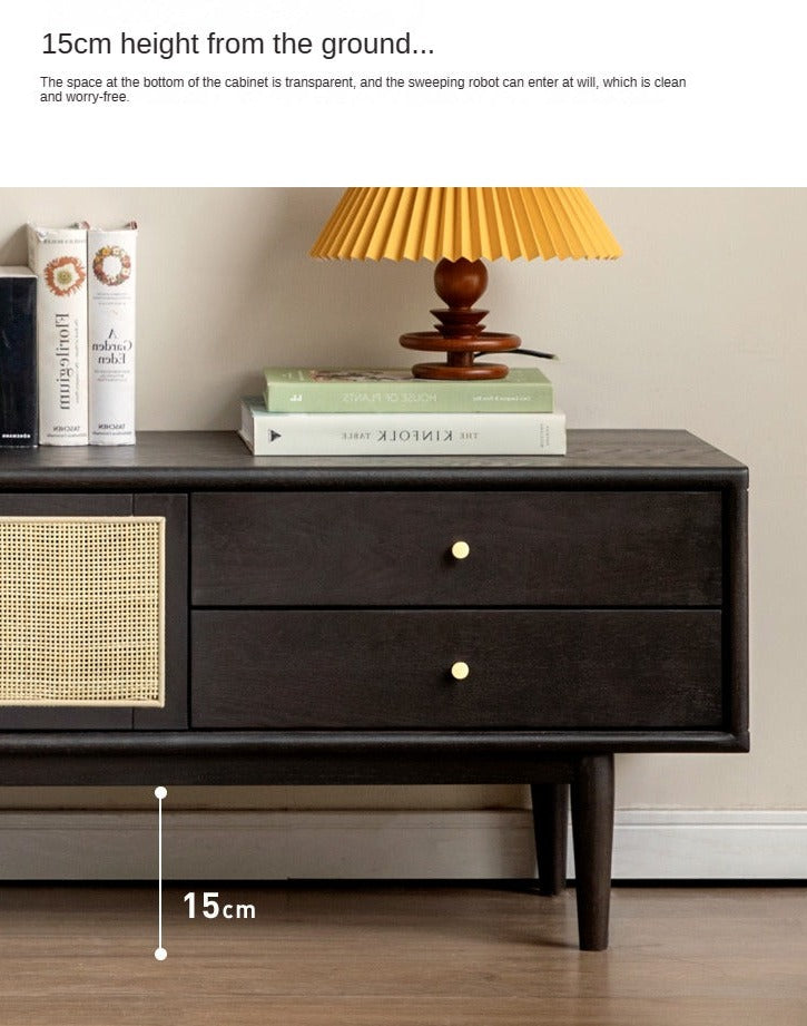 Solid Oak Wood Rattan TV Stand with 4 Drawers - Smoked Finish for Living Room, Bedroom & Home Theater Storage