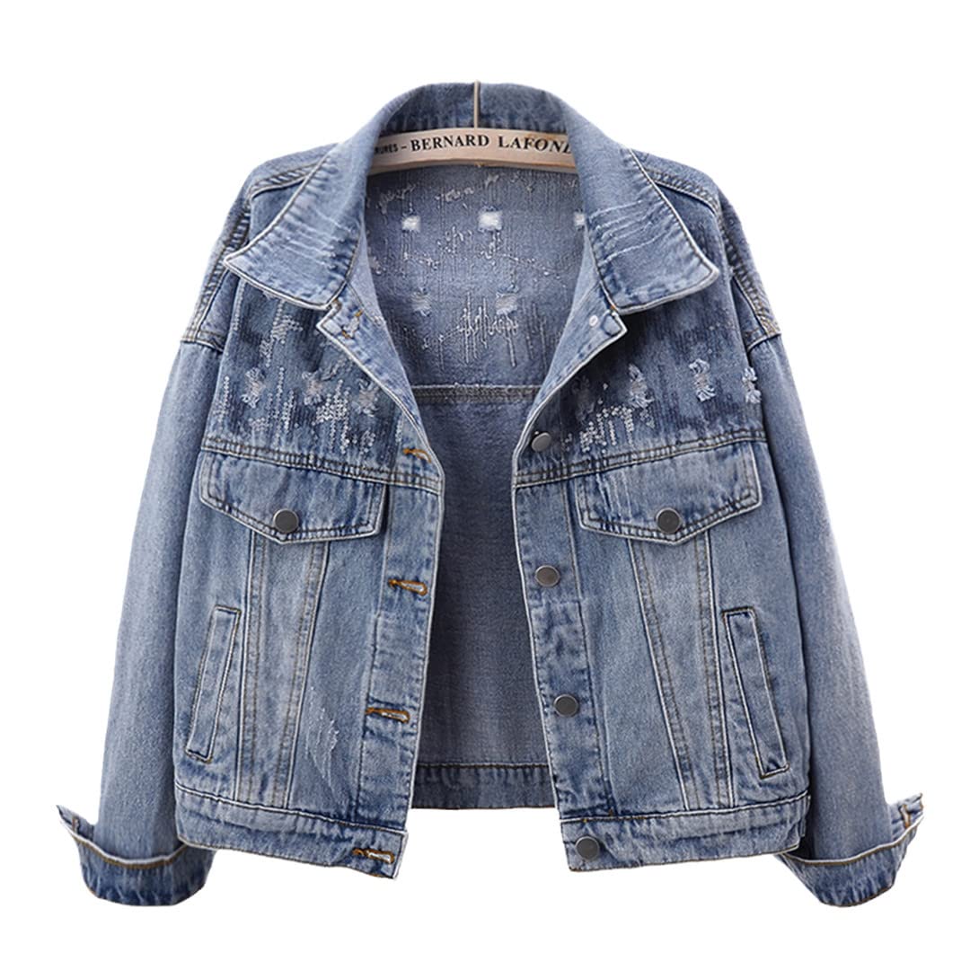 Vintage Wash Blue Frayed Denim Jacket for Women - Korean Style Sequins Embellished Loose Fit Short Outerwear for Spring & Autumn | Casual Streetwear, Date Night, Music Festival Outfit