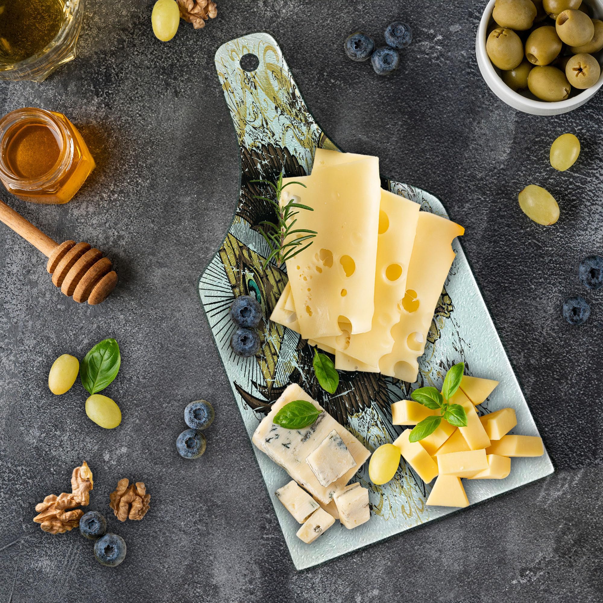 Ambesonne Tattoo-Themed Tempered Glass Cutting Board - American Eagle Wings with Skull & Brick Wall Design - Decorative Serving Board for Cheese, Charcuterie & Wine - Perfect for Parties, Kitchen Decor & Gifts (Brown & White)