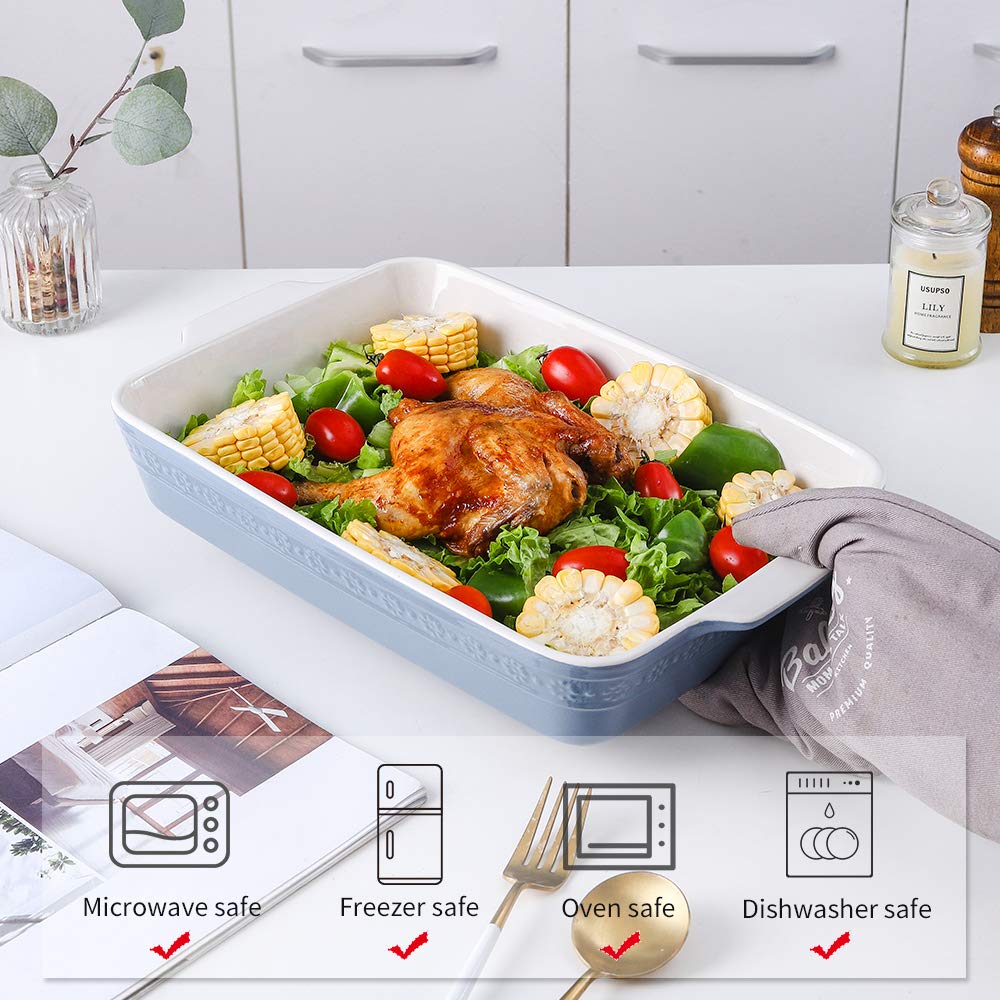 KOOV 9x13 Inch Deep Rectangular Ceramic Lasagna Pan - Oven Safe Baking Dish for Lasagna, Casseroles, Roasting & Tapas | Haze Blue | Perfect for Family Dinners & Holiday Cooking